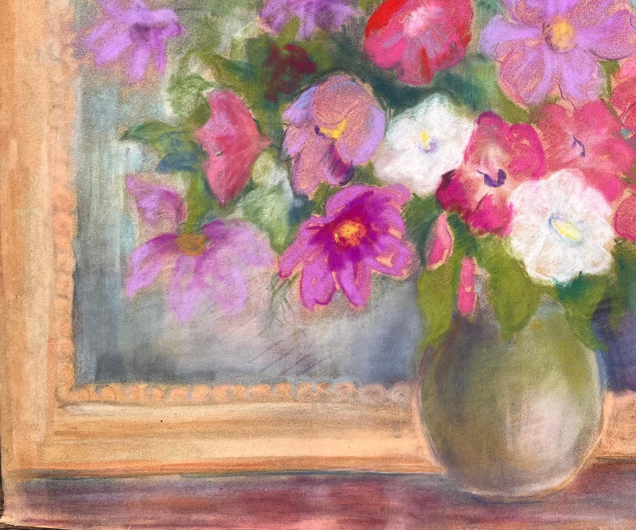 Natura morta di fiori selvatici in vaso, pastello post-impressionista della metà del XX secolo in vendita 1