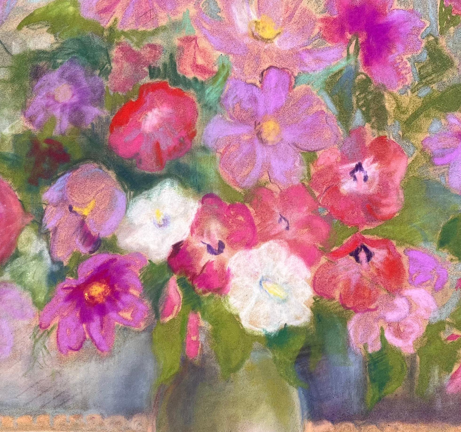 Natura morta di fiori selvatici in vaso, pastello post-impressionista della metà del XX secolo in vendita 2