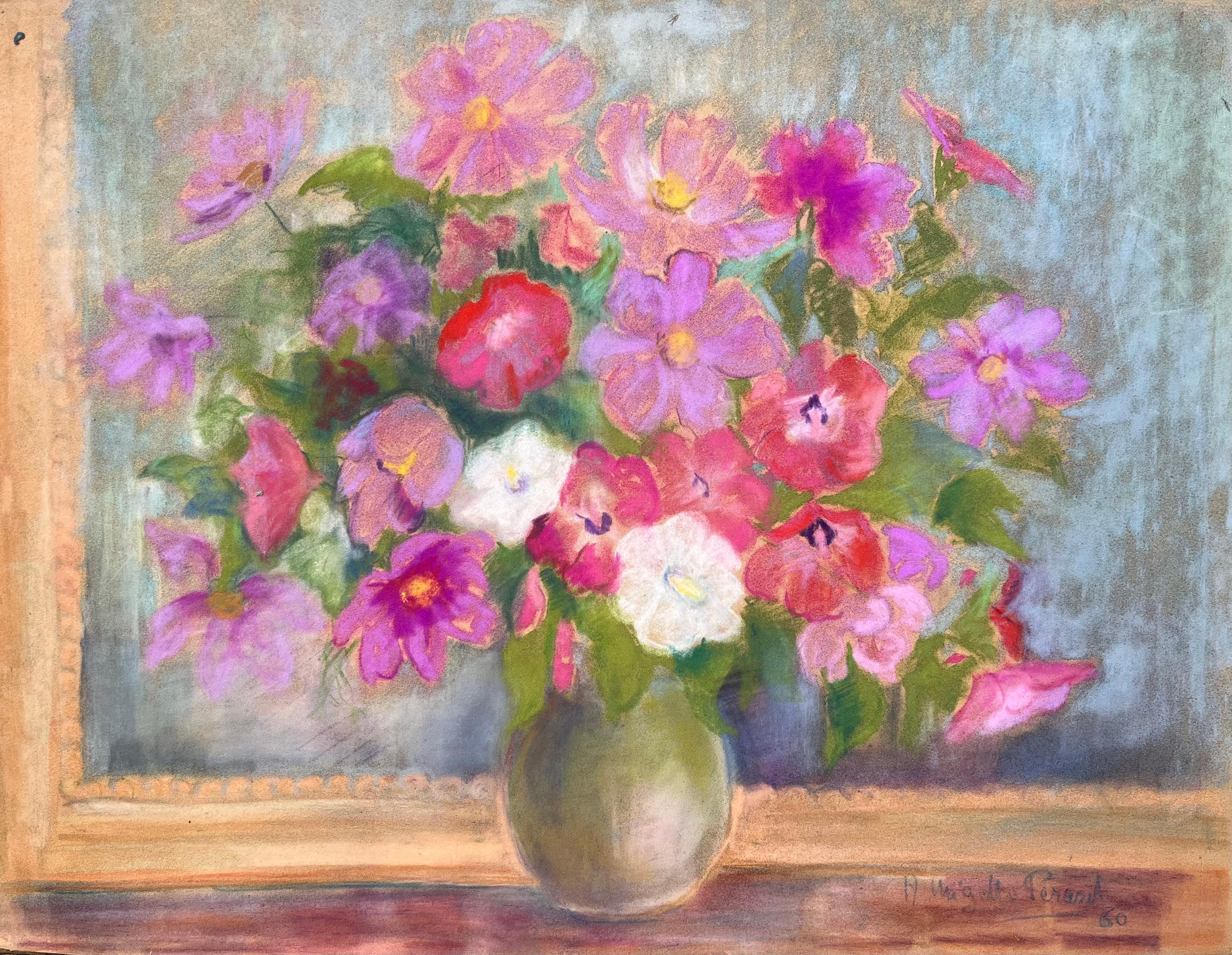 Figurative Painting di Anne Marie Migette Perard - Natura morta di fiori selvatici in vaso, pastello post-impressionista della metà del XX secolo