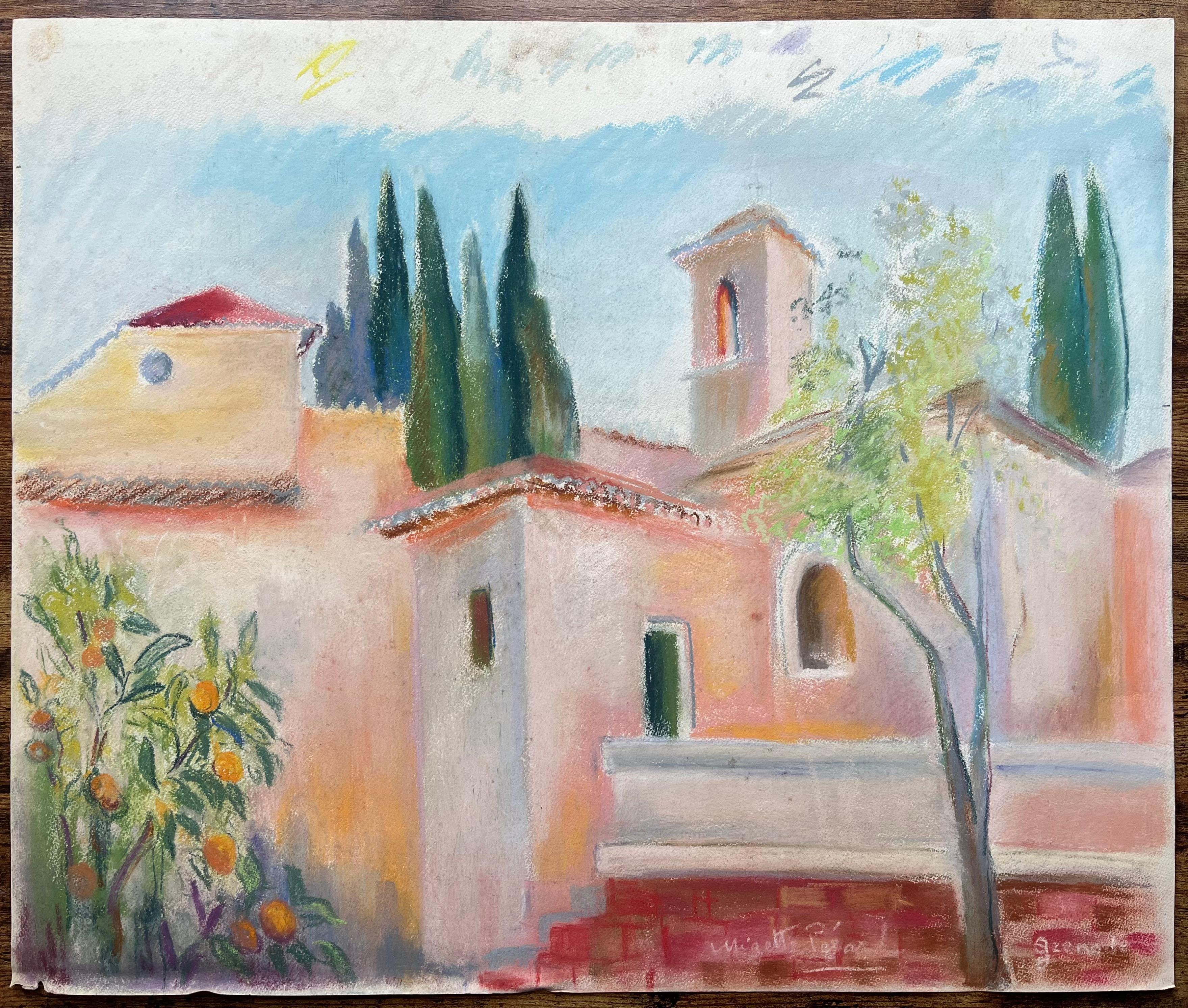 Mid-20th Century Post-Impressionist Pastel Village Scene with Cypress Trees - Painting by Anne Marie Migette Perard