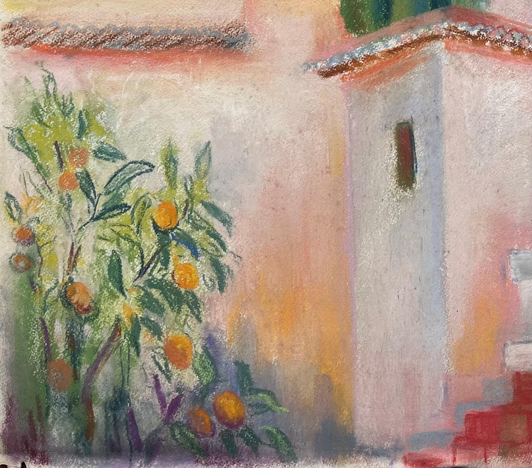 Mid-20th Century Post-Impressionist Pastel Village Scene with Cypress Trees - Gray Landscape Painting by Anne Marie Migette Perard