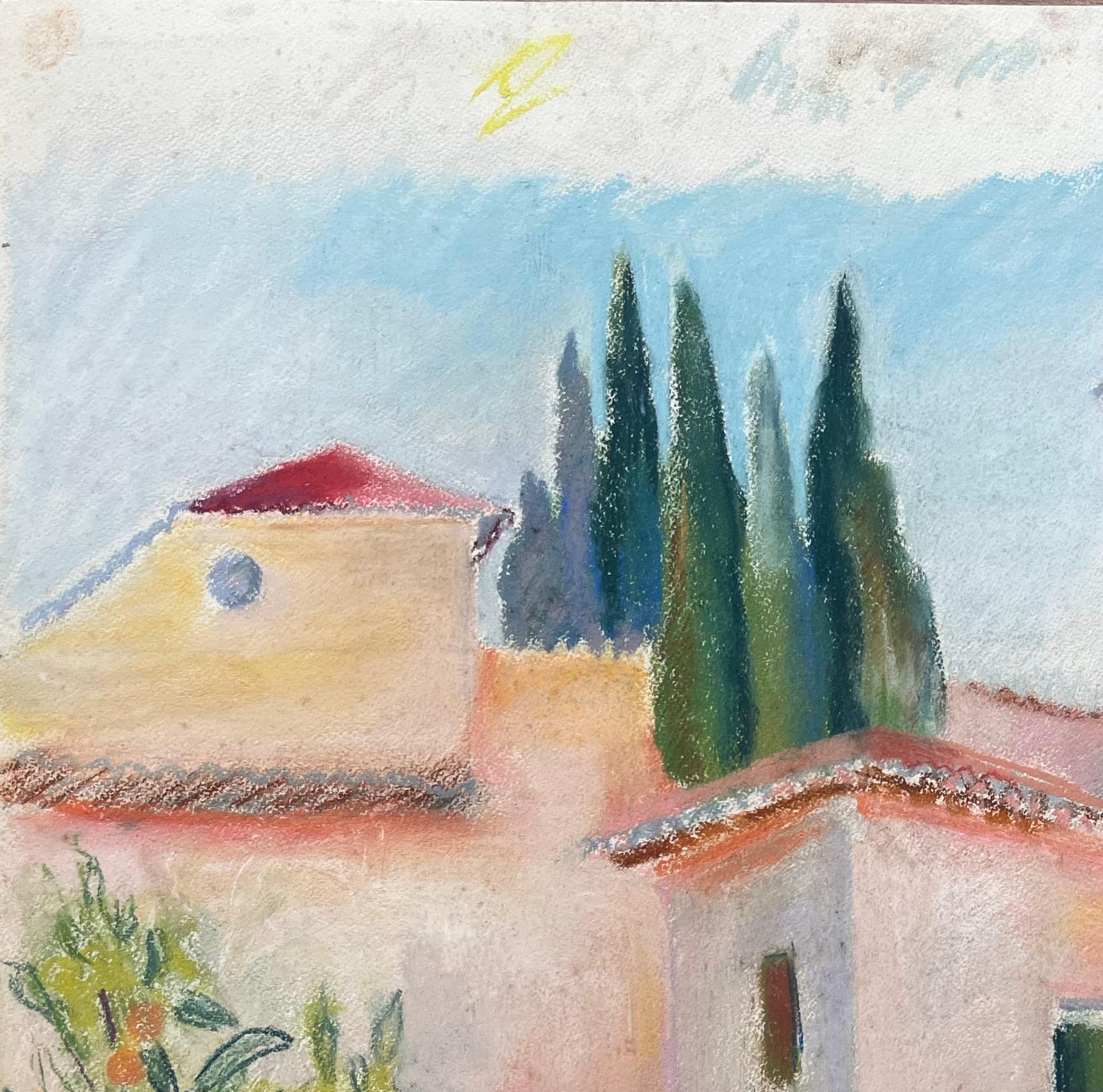 Mid-20th Century Post-Impressionist Pastel Village Scene with Cypress Trees For Sale 1
