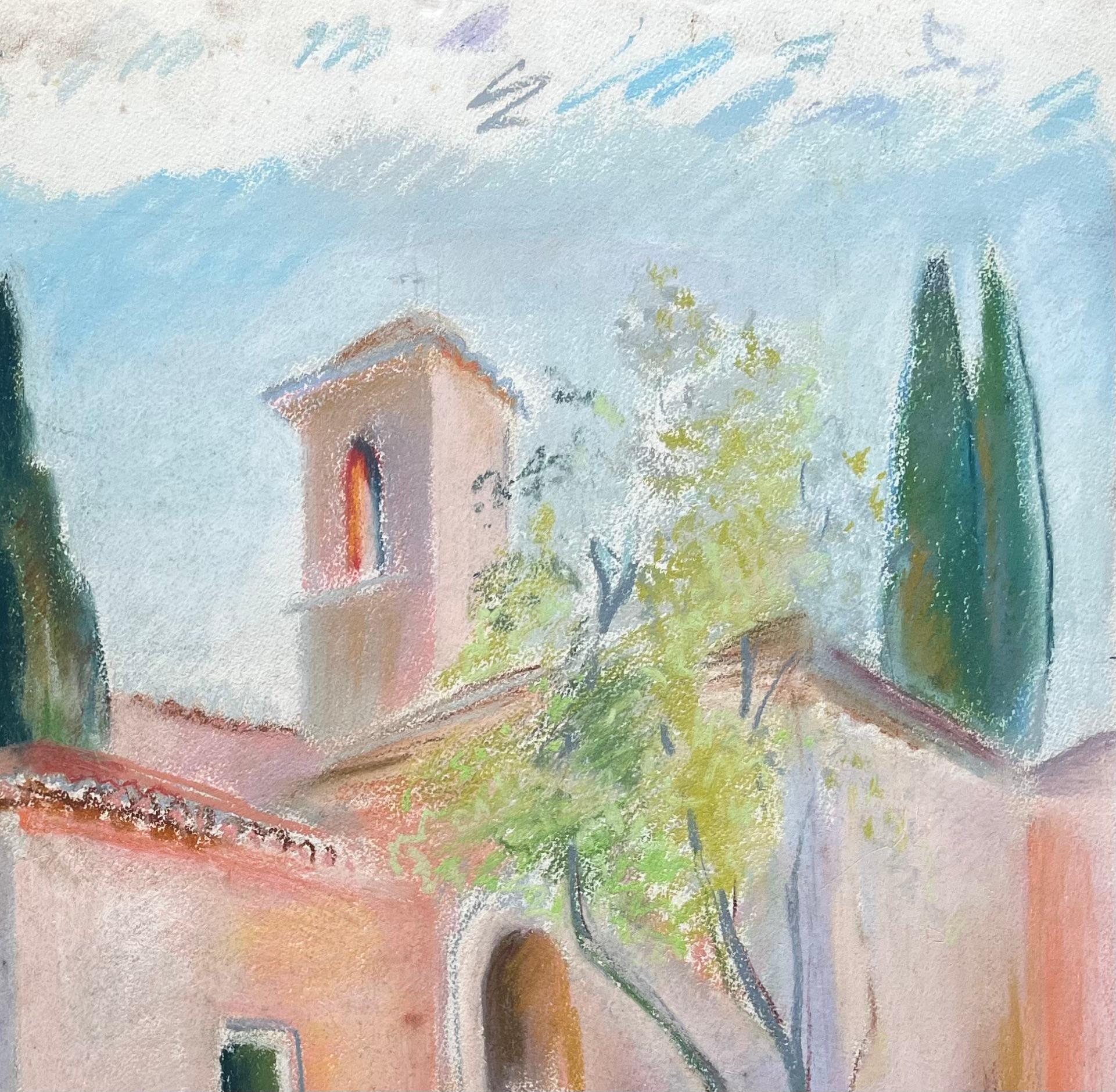 Mid-20th Century Post-Impressionist Pastel Village Scene with Cypress Trees For Sale 2