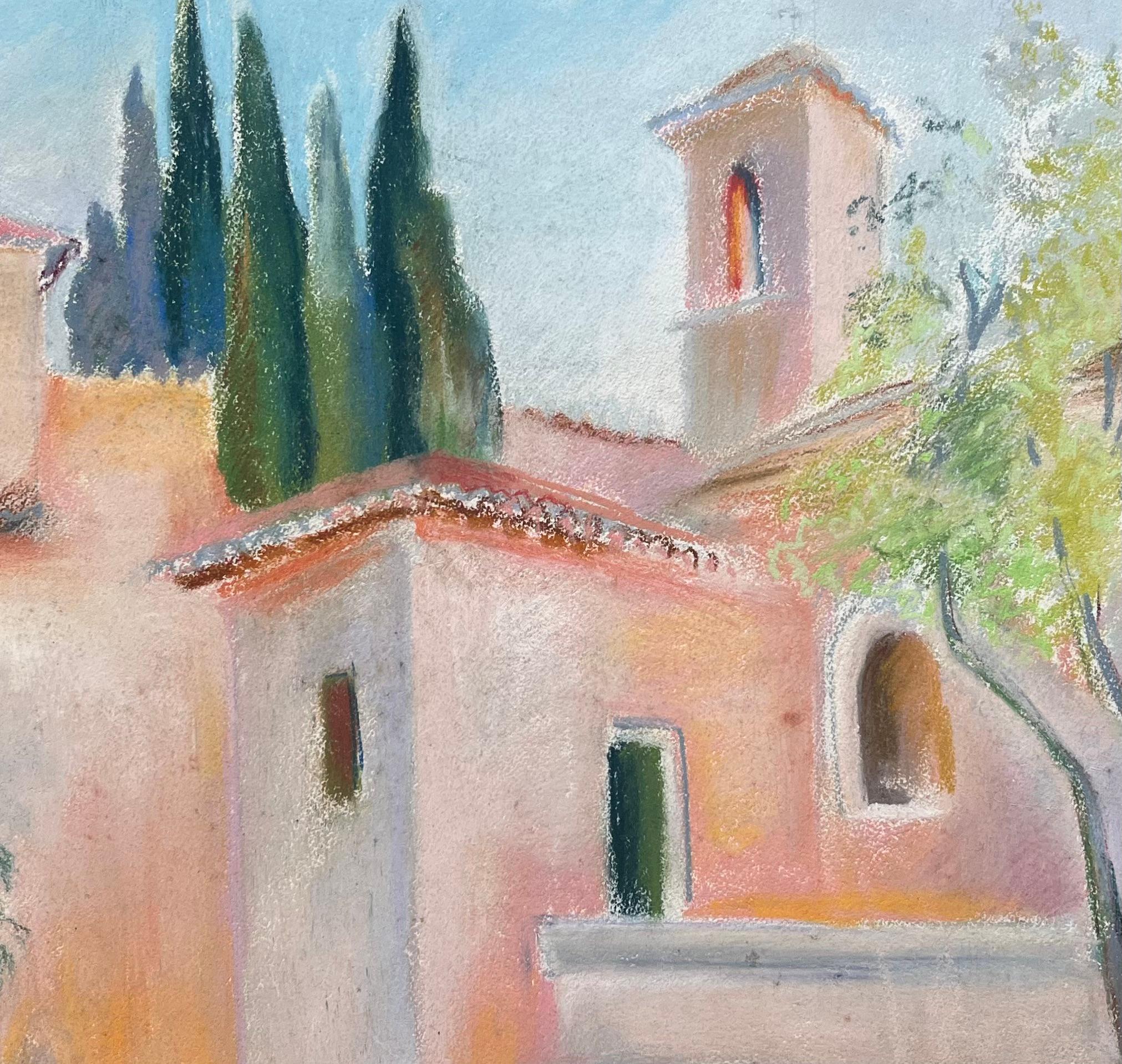 Mid-20th Century Post-Impressionist Pastel Village Scene with Cypress Trees For Sale 3