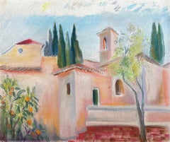 Mid-20th Century Post-Impressionist Pastel Village Scene with Cypress Trees
