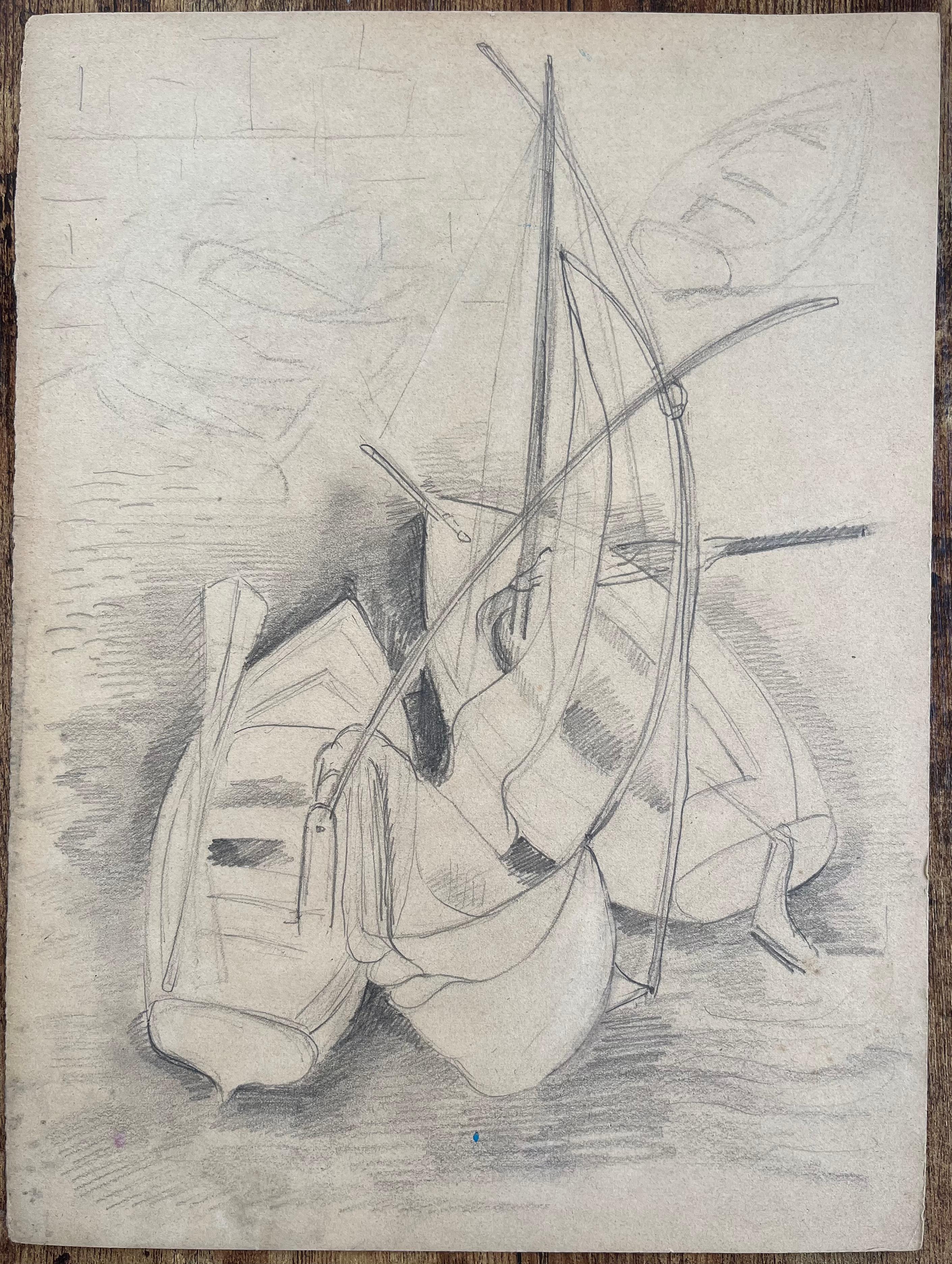 Disegno a matita post-impressionista della metà del XX secolo di barche a remi attraccate - Painting di Anne Marie Migette Perard