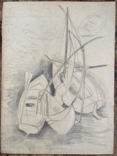 Mid-20th Century Post-Impressionist Pencil Drawing of Docked Rowboats