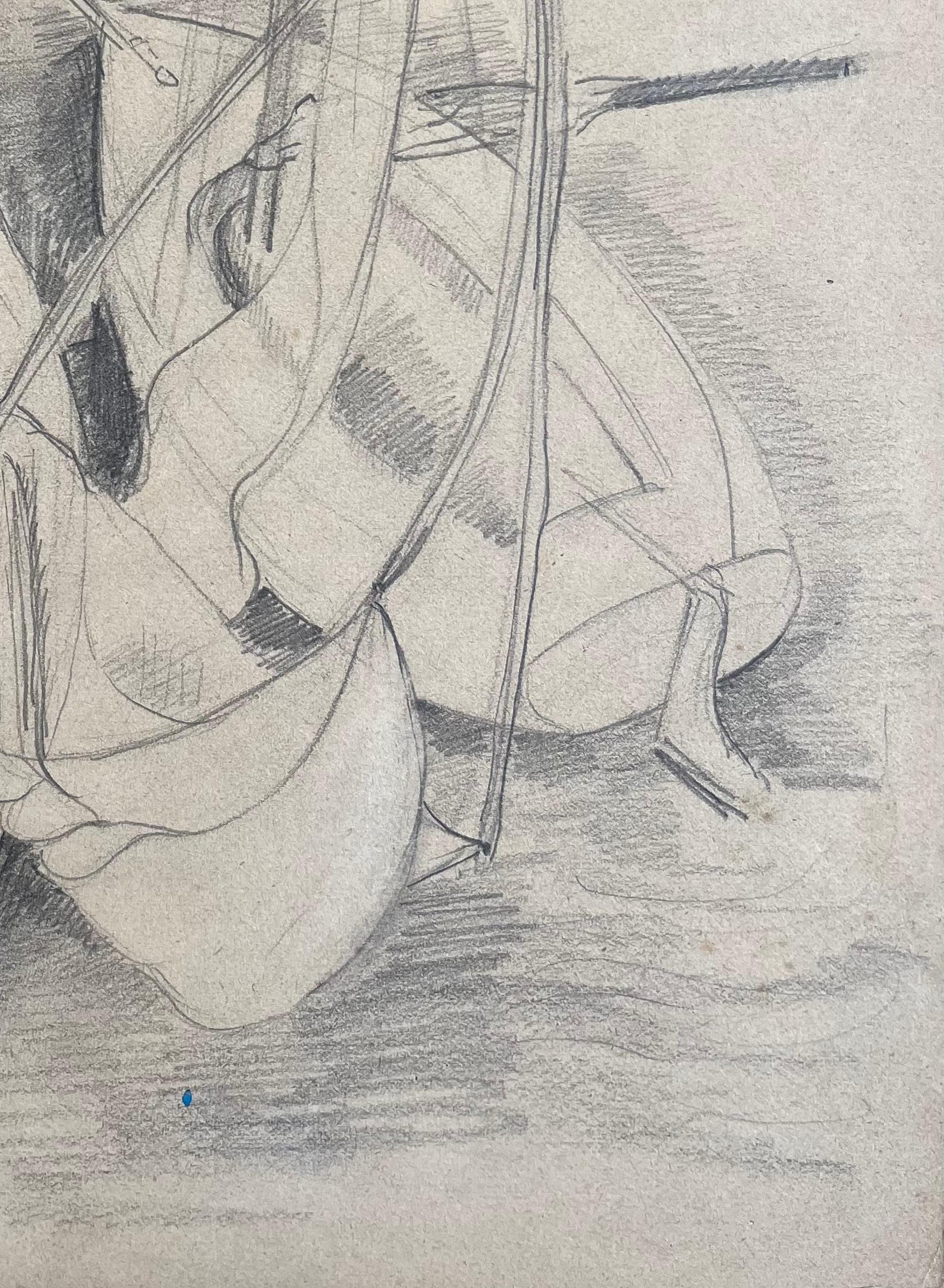 Disegno a matita post-impressionista della metà del XX secolo di barche a remi attraccate - Painting Postimpressionismo di Anne Marie Migette Perard