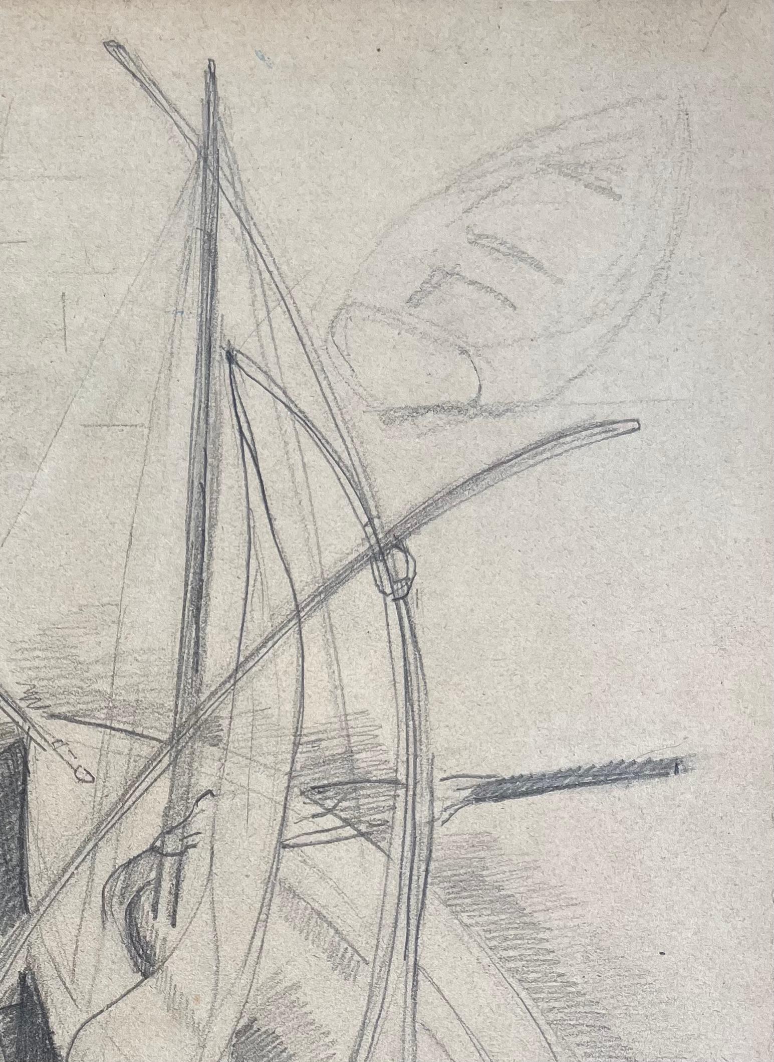 Disegno a matita post-impressionista della metà del XX secolo di barche a remi attraccate in vendita 1