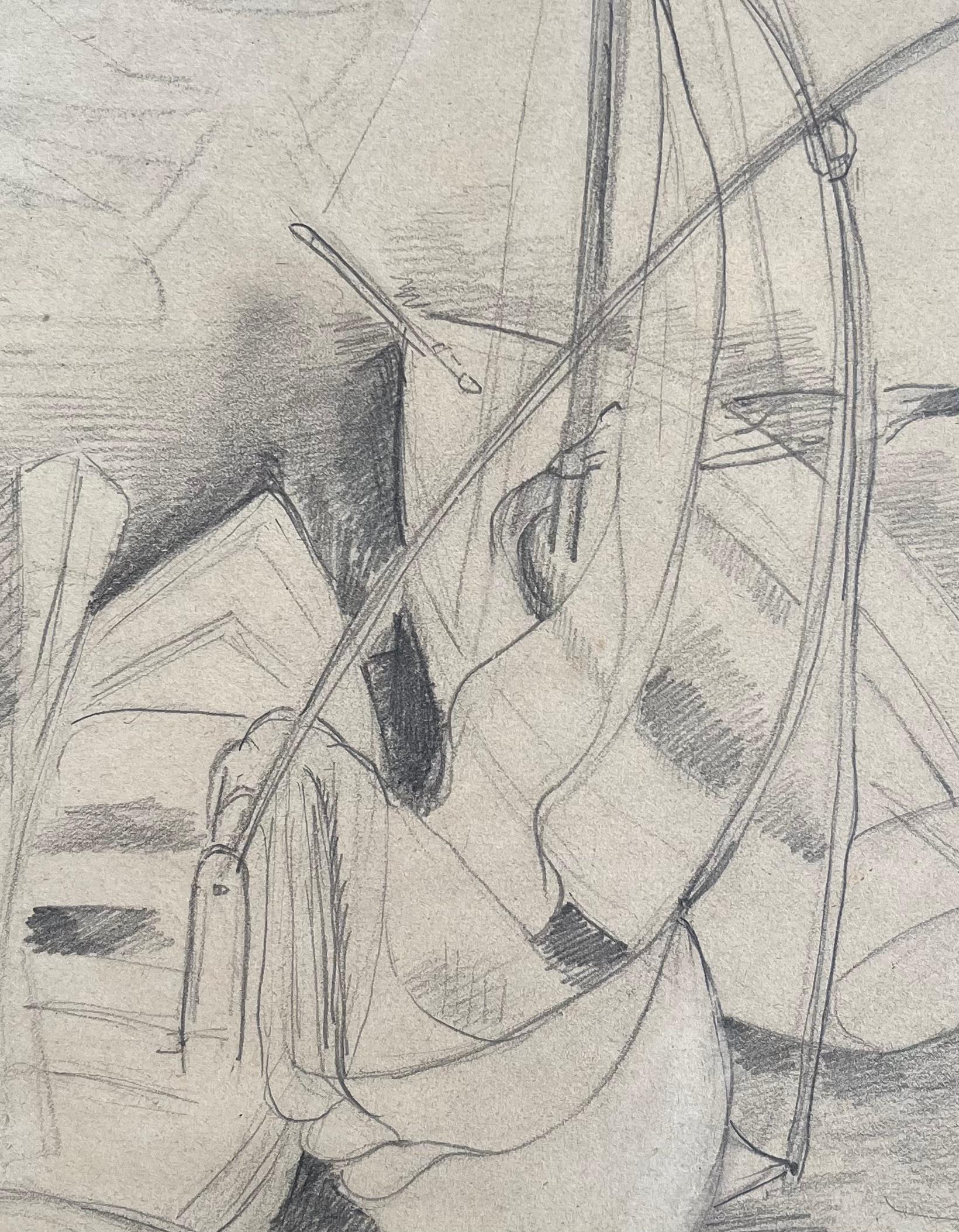 Disegno a matita post-impressionista della metà del XX secolo di barche a remi attraccate in vendita 2