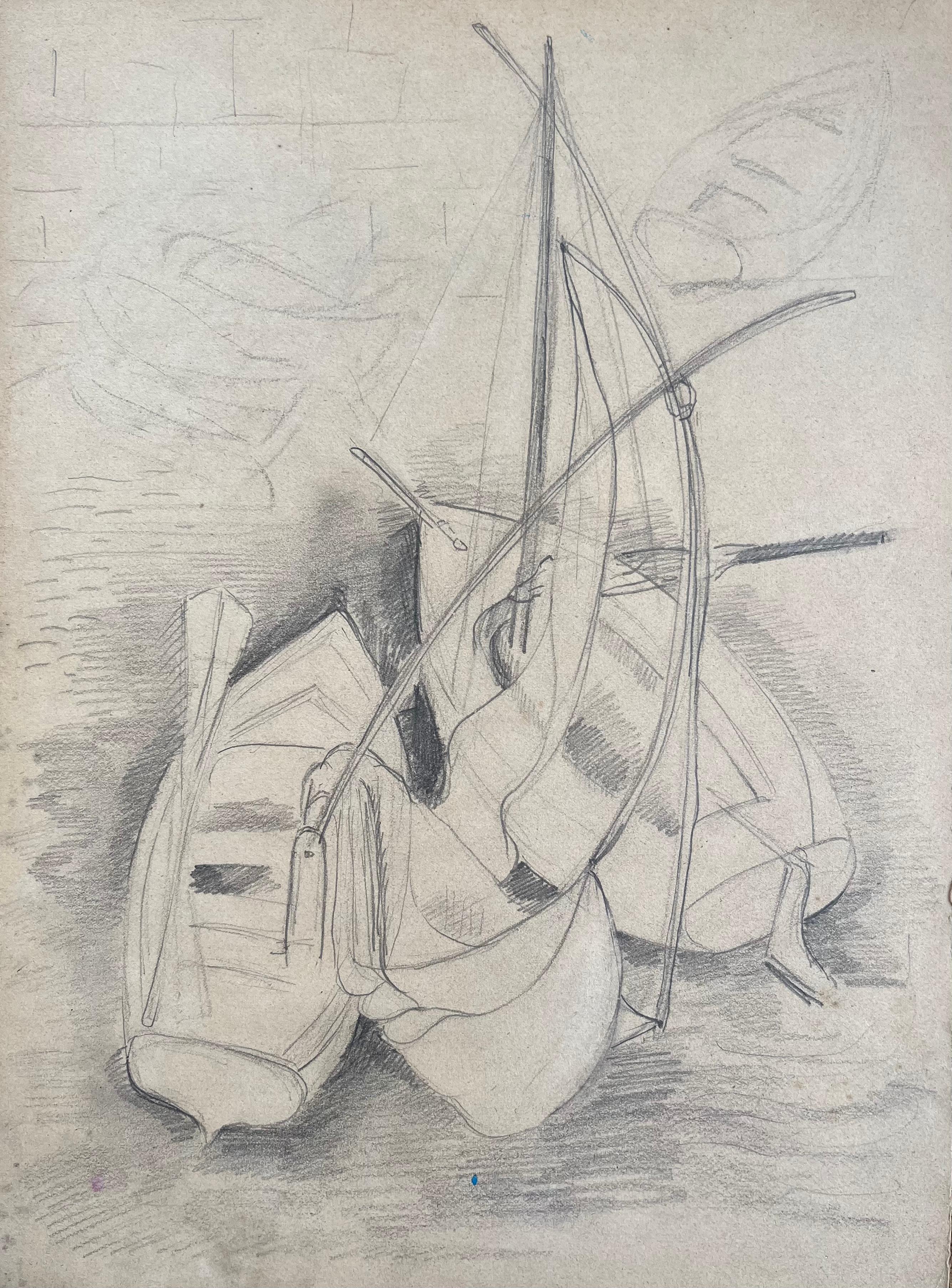 Landscape Painting di Anne Marie Migette Perard - Disegno a matita post-impressionista della metà del XX secolo di barche a remi attraccate