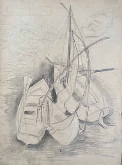 Dibujo a lápiz postimpresionista de mediados del siglo XX de botes de remos atracados