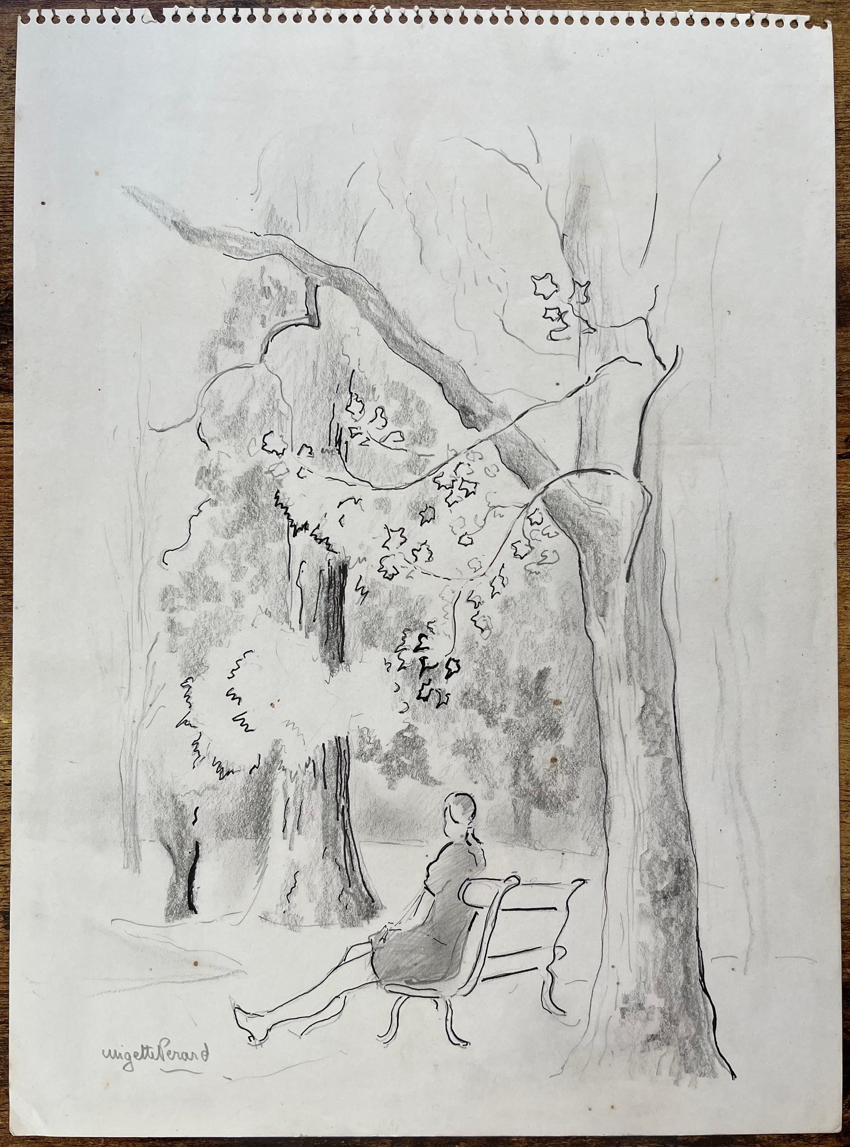 Disegno a matita post-impressionista della metà del XX secolo di una donna su una panchina del parco - Painting di Anne Marie Migette Perard