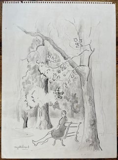 Mid-20th Century Post-Impressionist Pencil Drawing of Woman on Park Bench
