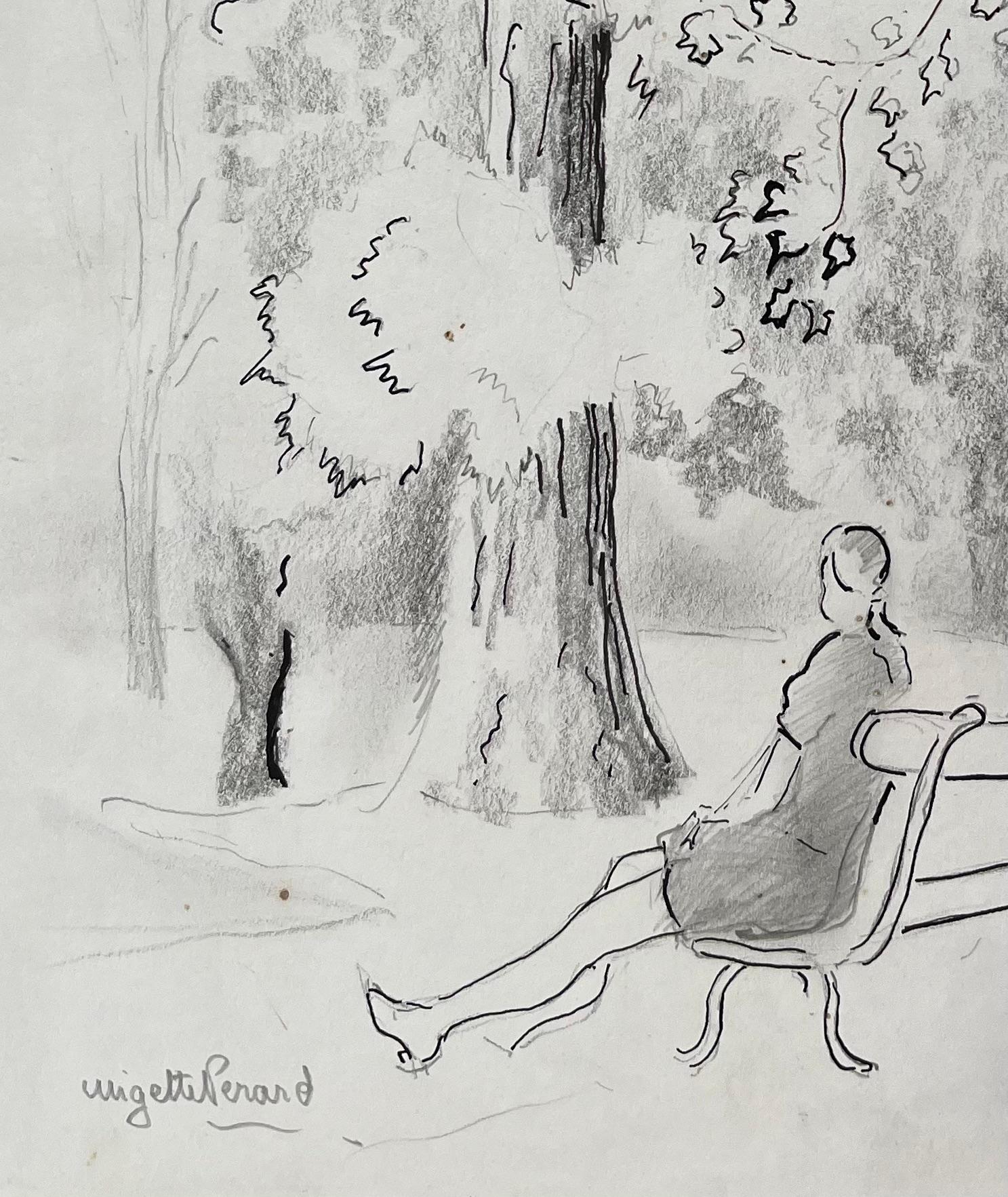 Disegno a matita post-impressionista della metà del XX secolo di una donna su una panchina del parco - Painting Postimpressionismo di Anne Marie Migette Perard