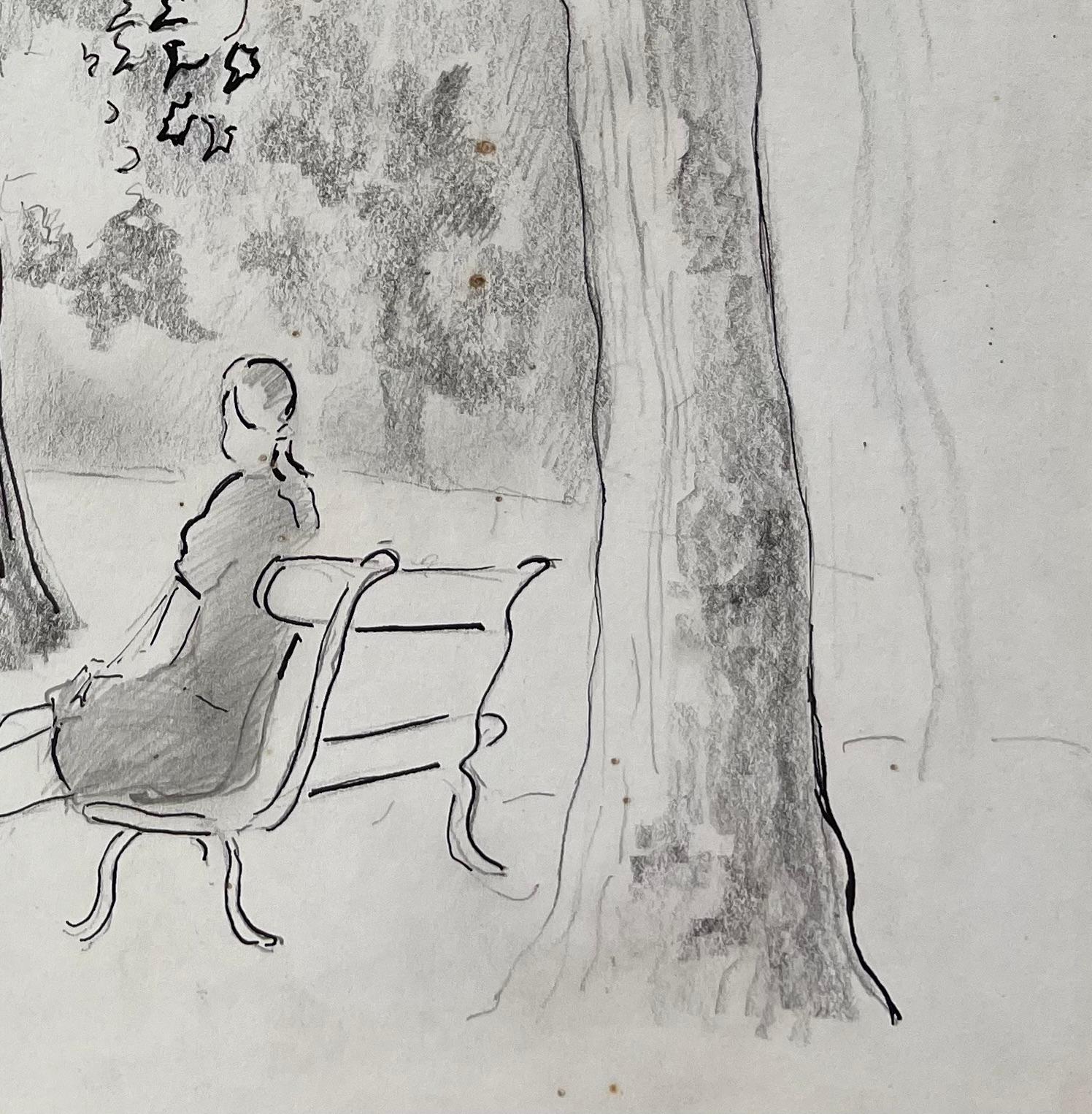 Disegno a matita post-impressionista della metà del XX secolo di una donna su una panchina del parco - Landscape Painting Grigio di Anne Marie Migette Perard