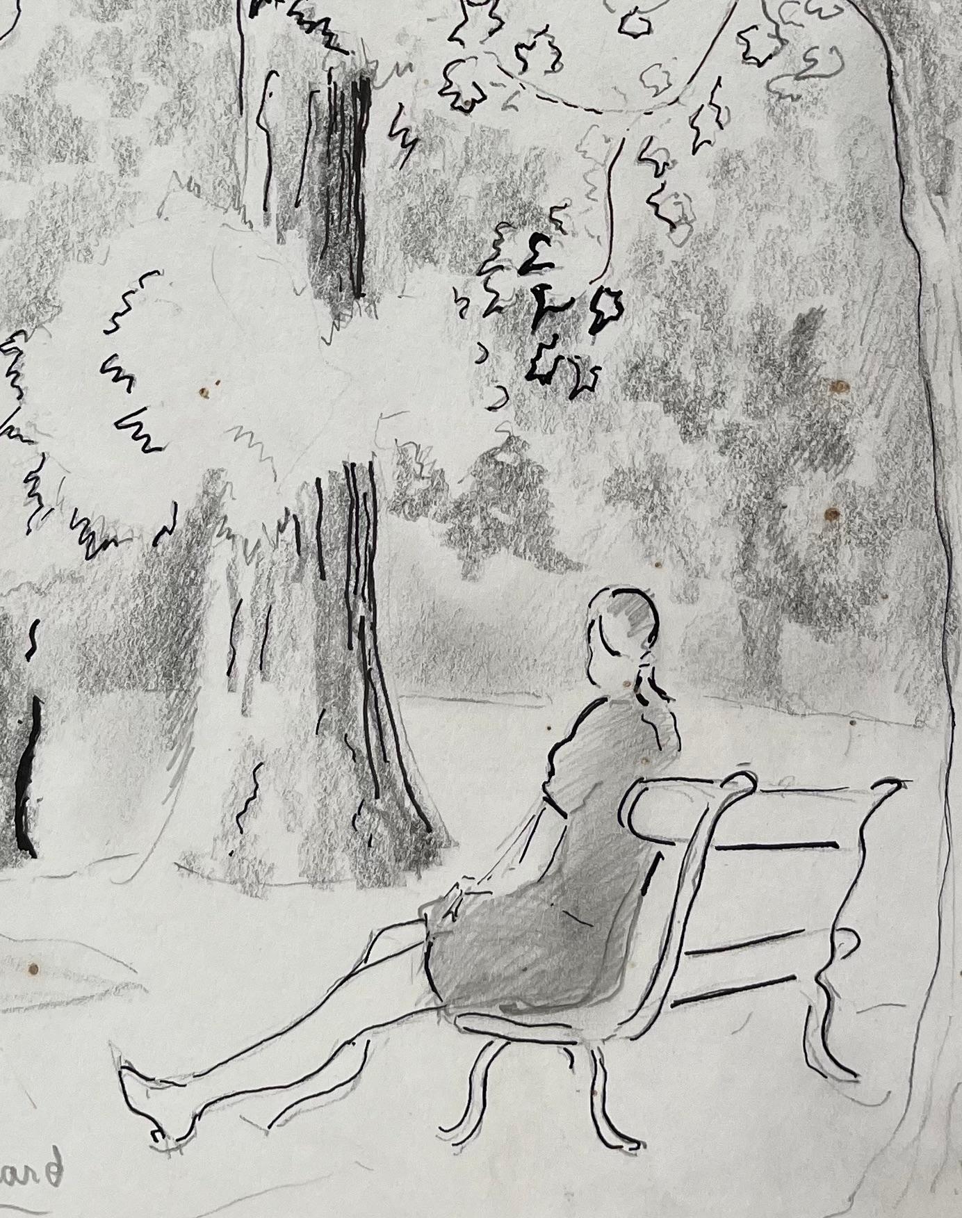 Disegno a matita post-impressionista della metà del XX secolo di una donna su una panchina del parco in vendita 2