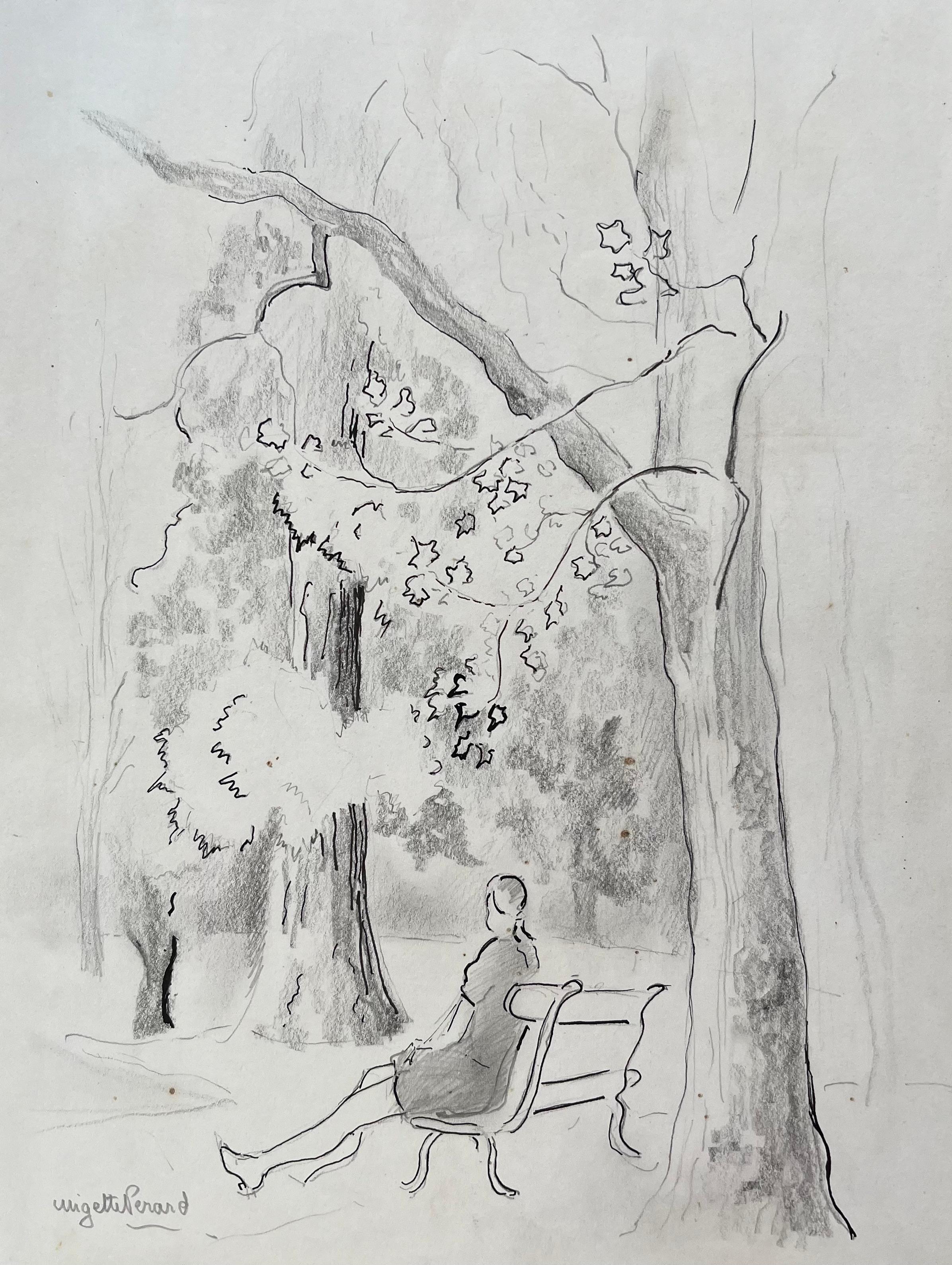 Dessin au crayon post-impressionniste du milieu du 20e siècle représentant une femme sur un banc de parc