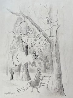 Dessin au crayon post-impressionniste du milieu du 20e siècle représentant une femme sur un banc de parc