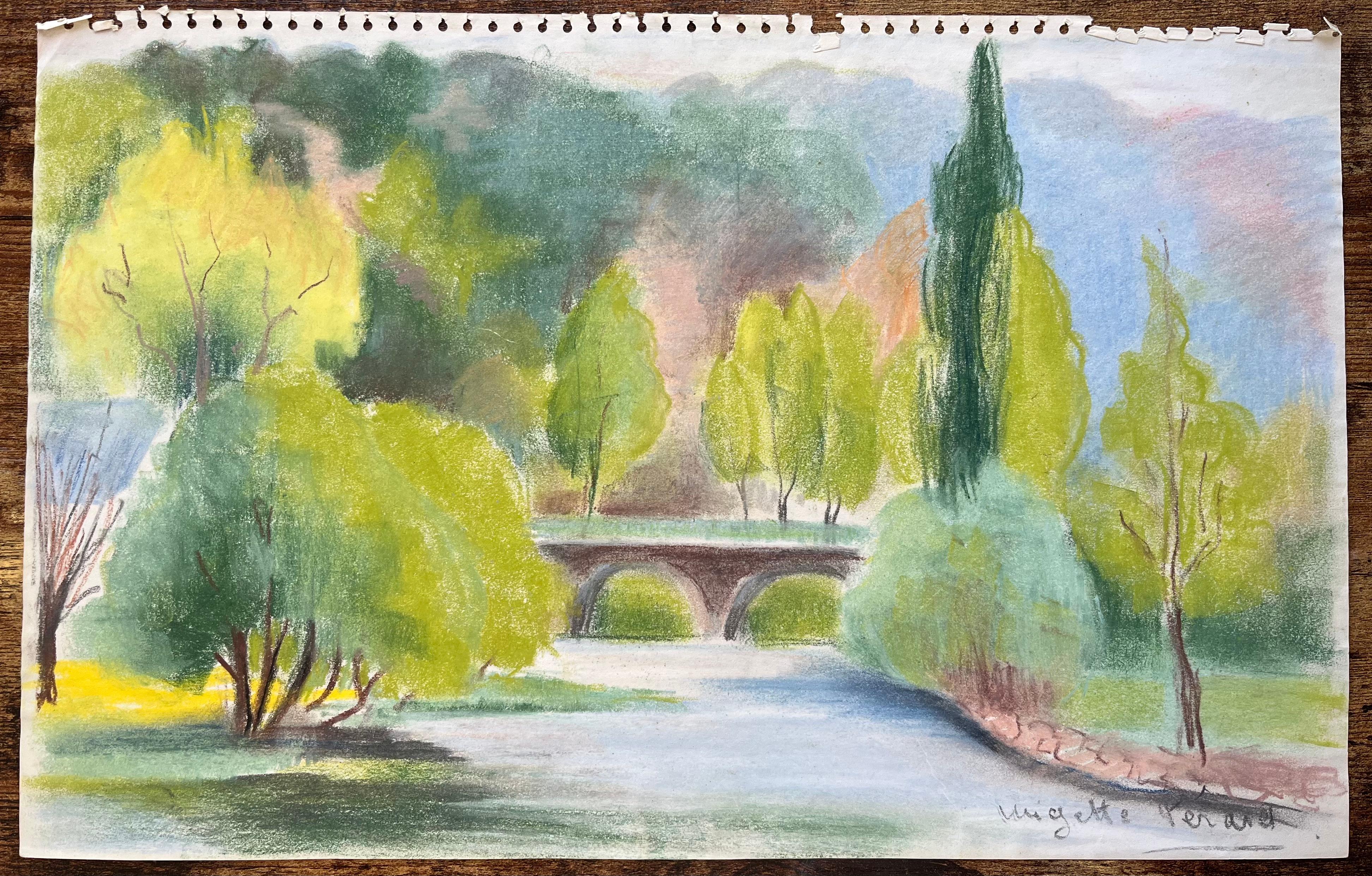 Paesaggio fluviale post-impressionista della metà del XX secolo con ponte - Painting di Anne Marie Migette Perard
