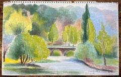 Paesaggio fluviale post-impressionista della metà del XX secolo con ponte