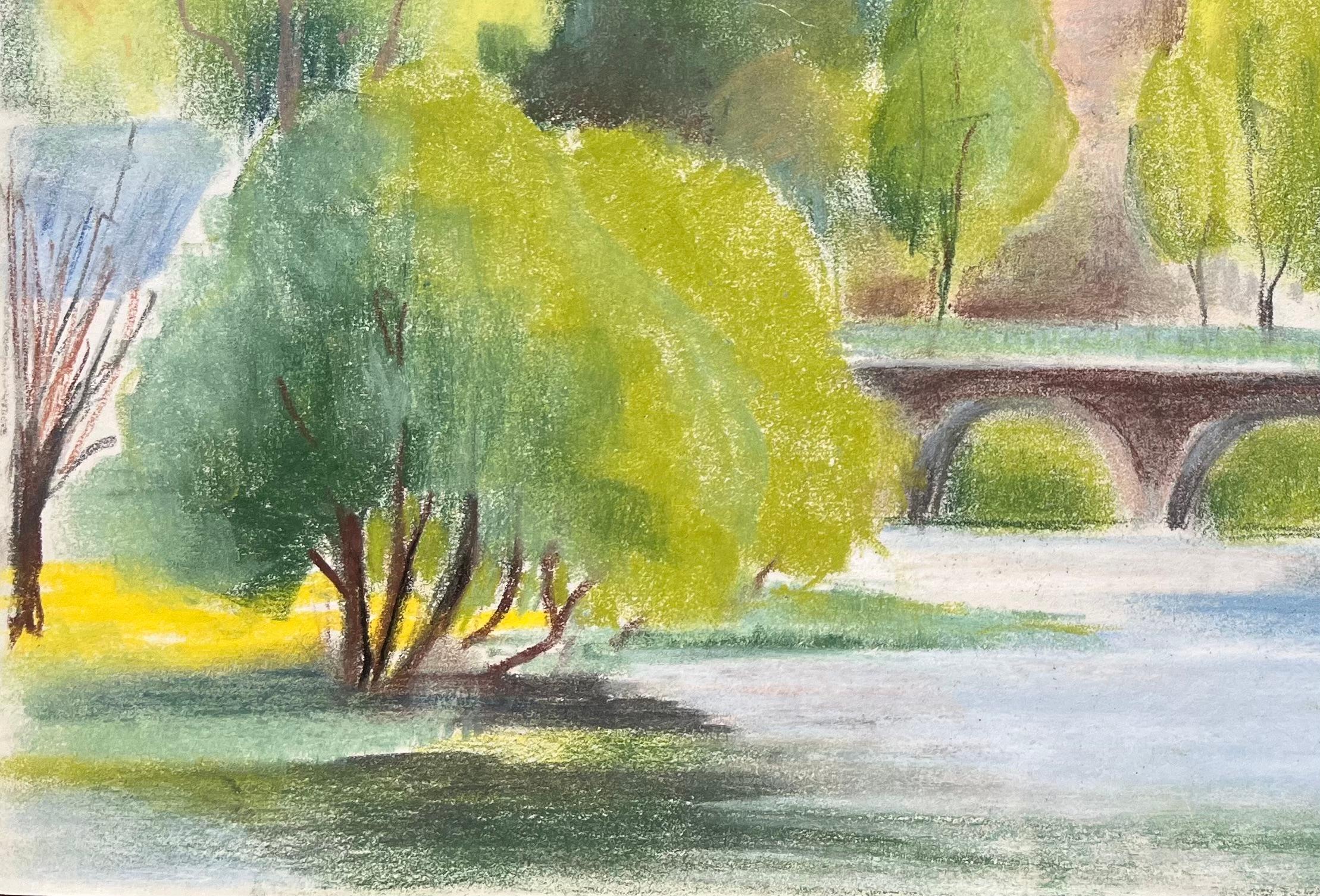 Paesaggio fluviale post-impressionista della metà del XX secolo con ponte - Landscape Painting Marrone di Anne Marie Migette Perard