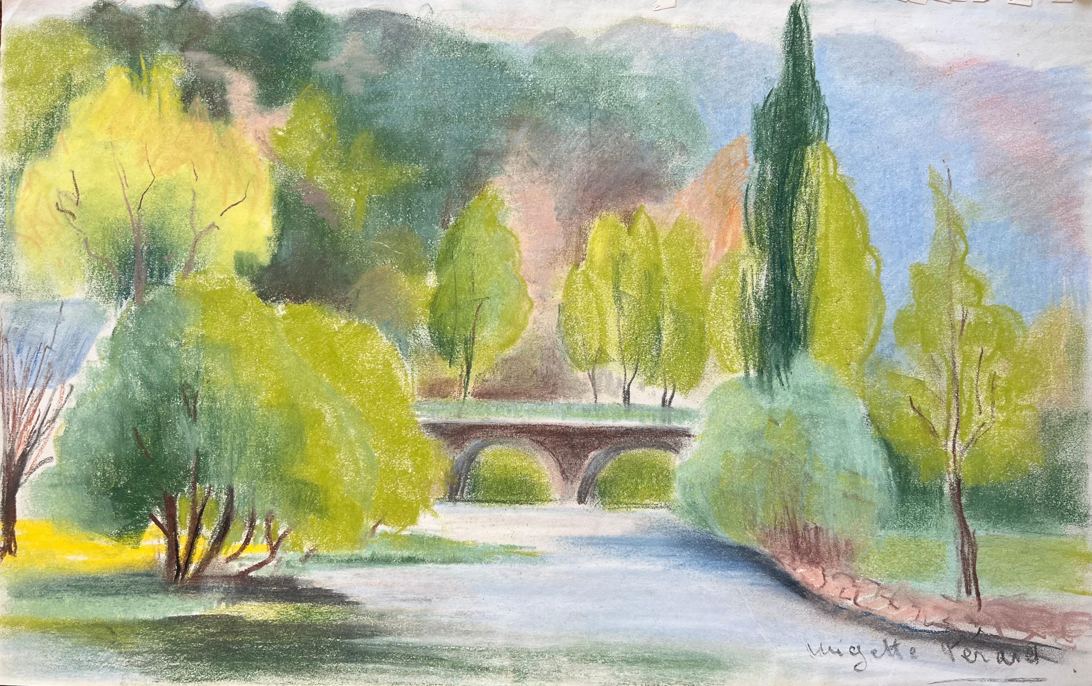 Landscape Painting di Anne Marie Migette Perard - Paesaggio fluviale post-impressionista della metà del XX secolo con ponte
