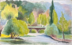 Paesaggio fluviale post-impressionista della metà del XX secolo con ponte