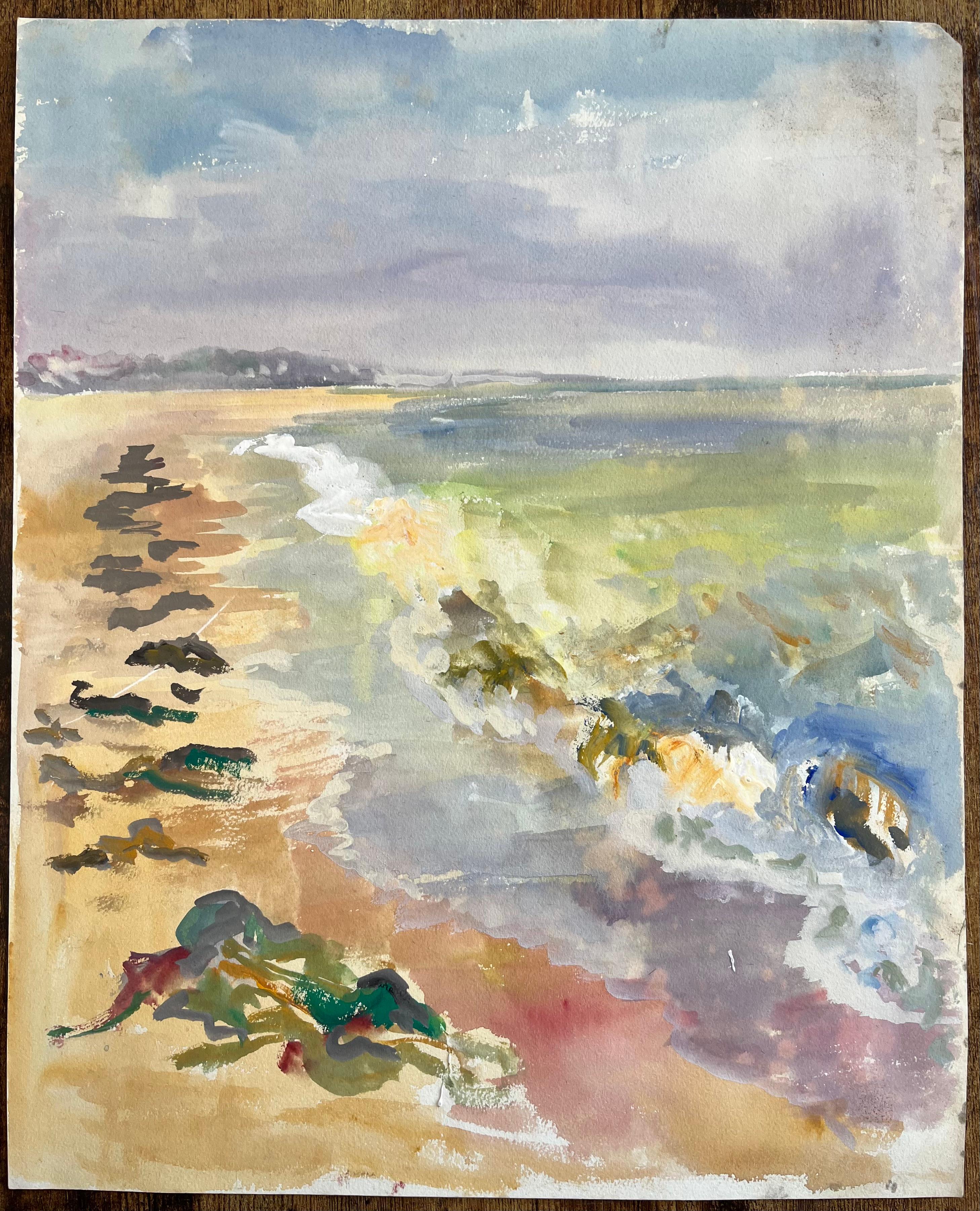 Paesaggio marino post-impressionista della metà del XX secolo con alghe e surf - Painting di Anne Marie Migette Perard
