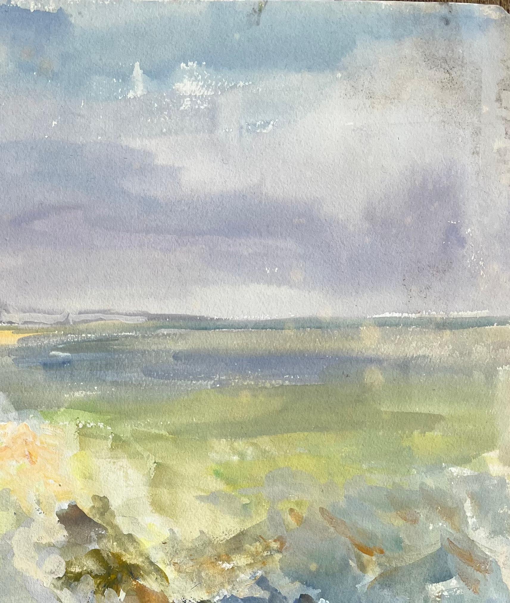 Paesaggio marino post-impressionista della metà del XX secolo con alghe e surf - Landscape Painting Beige di Anne Marie Migette Perard