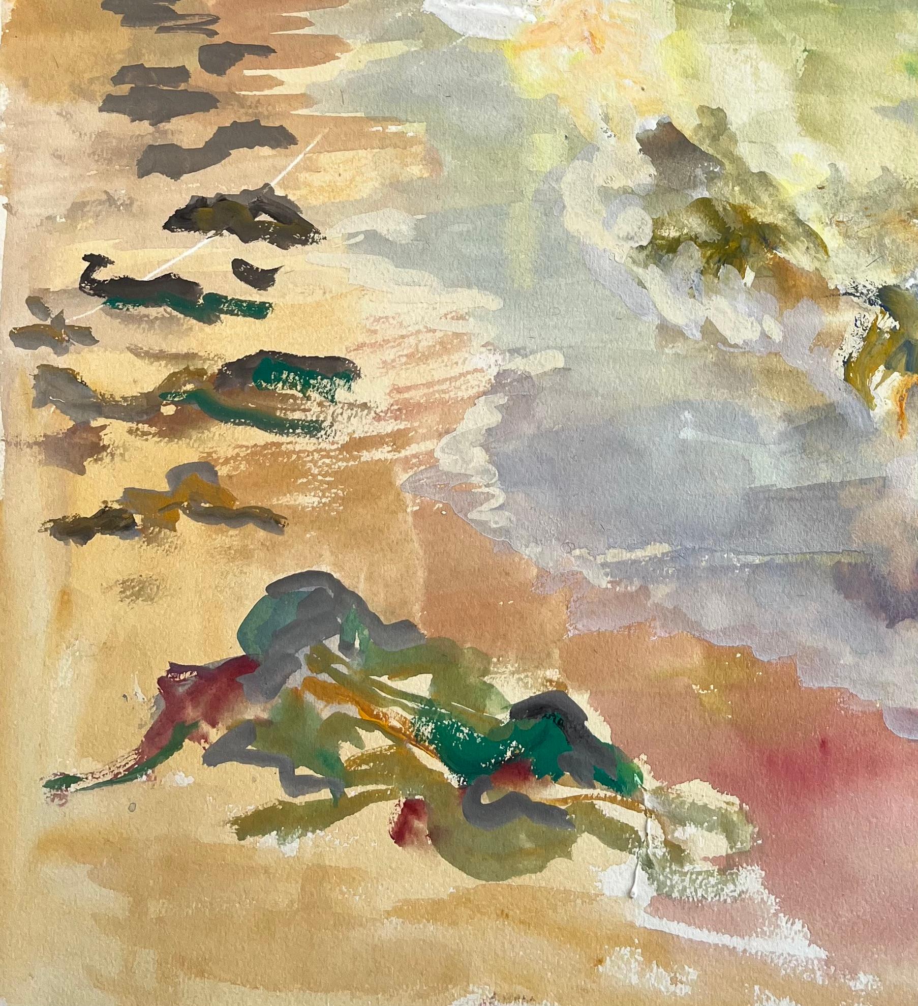 Titolo: Paesaggio marino post-impressionista della metà del XX secolo con alghe e surf
di Anne Marie Migette Perard (francese, 1902-1977)
Medium: Acquerello su carta non incorniciata
Dimensioni: 16,25 pollici (altezza) x 13 pollici