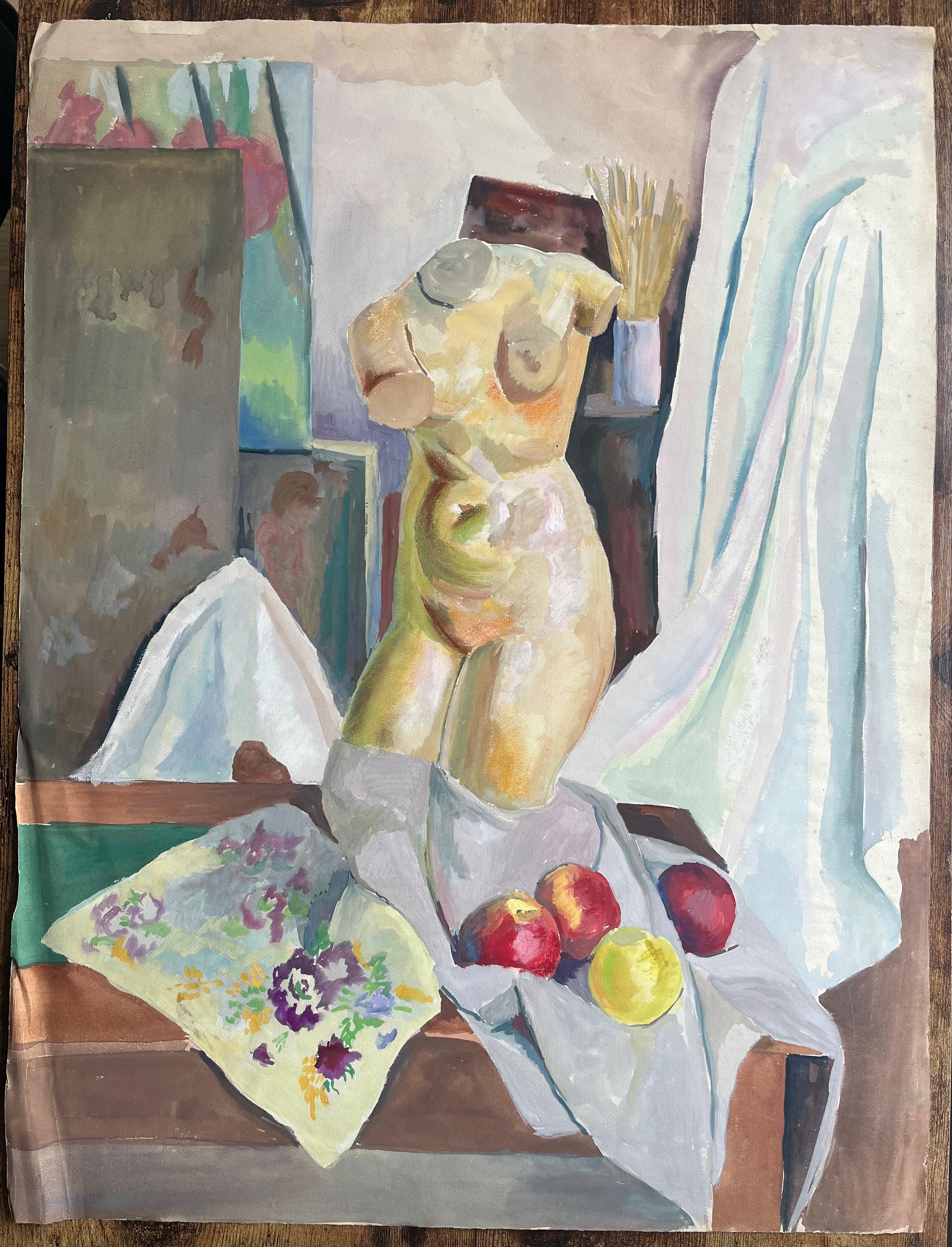 Mid-20th Century Post-Impressionist Still Life with Apples and Female Torso - Painting by Anne Marie Migette Perard