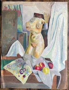 Natura morta post-impressionista della metà del XX secolo con mele e busto femminile