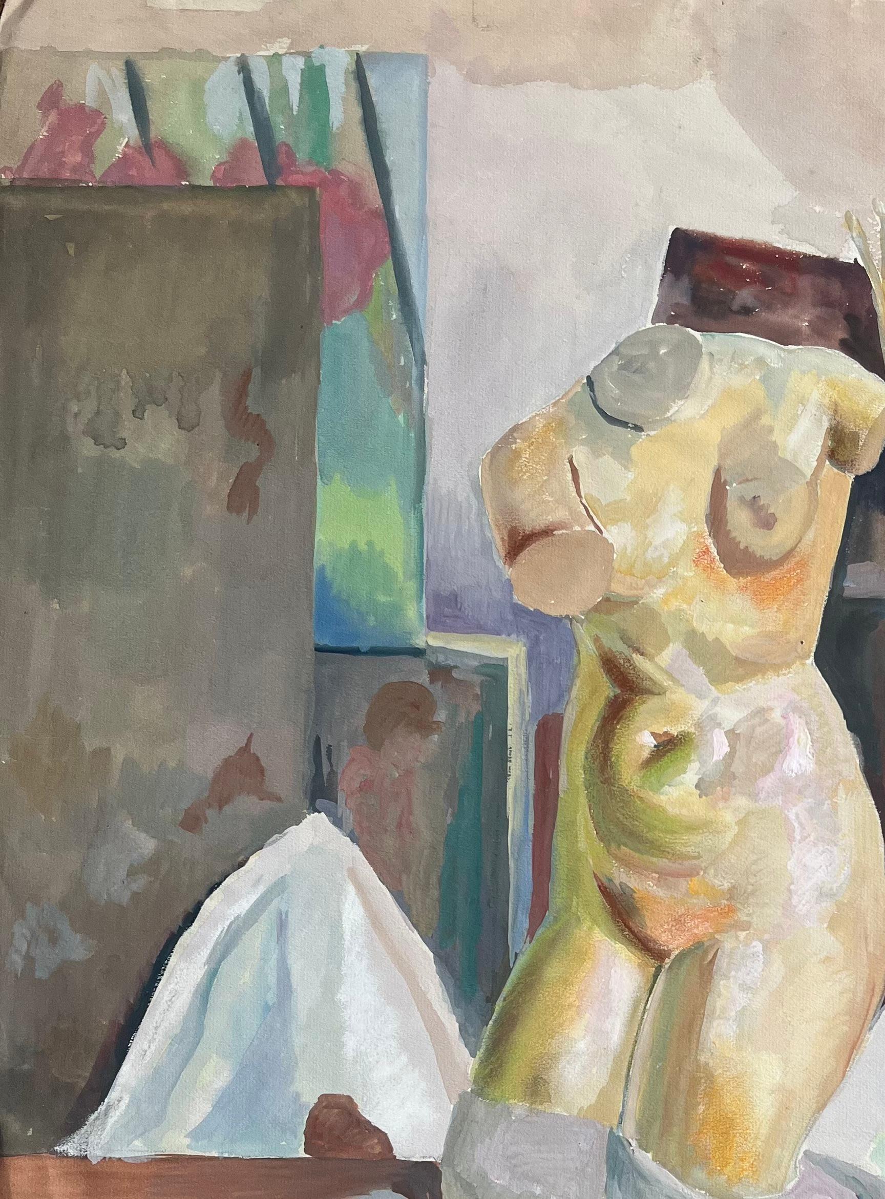 Mid-20th Century Post-Impressionist Still Life with Apples and Female Torso - Gray Landscape Painting by Anne Marie Migette Perard