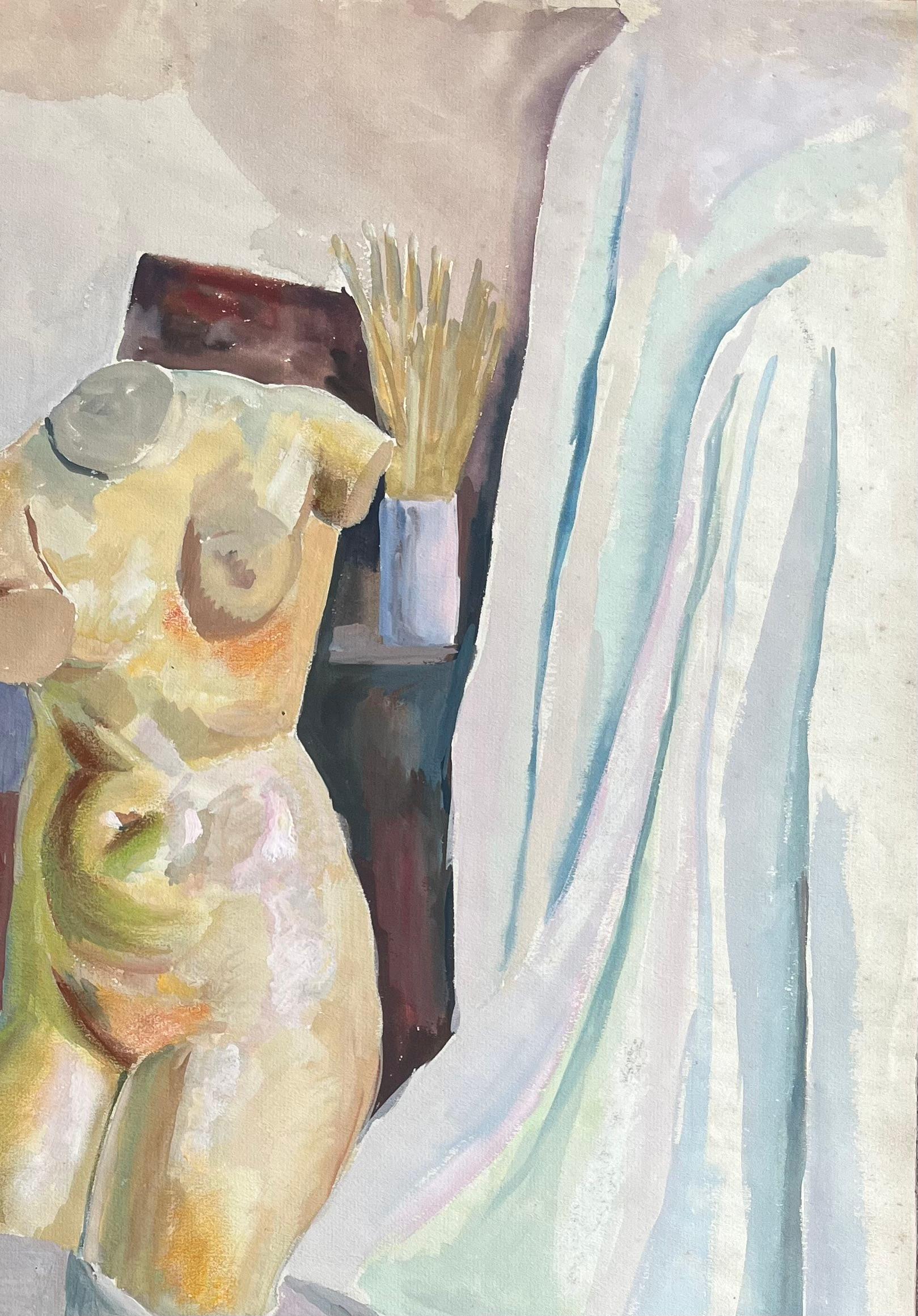Title: Mid-20th Century Post-Impressionist Still Life with Apples and Female Torso
by Anne Marie Migette Perard (French 1902-1977)
Medium: Acrylic ad pastel on unframed paper
Size: 24.75 inches (height) x 18.75 inches (width)
Condition: As is normal