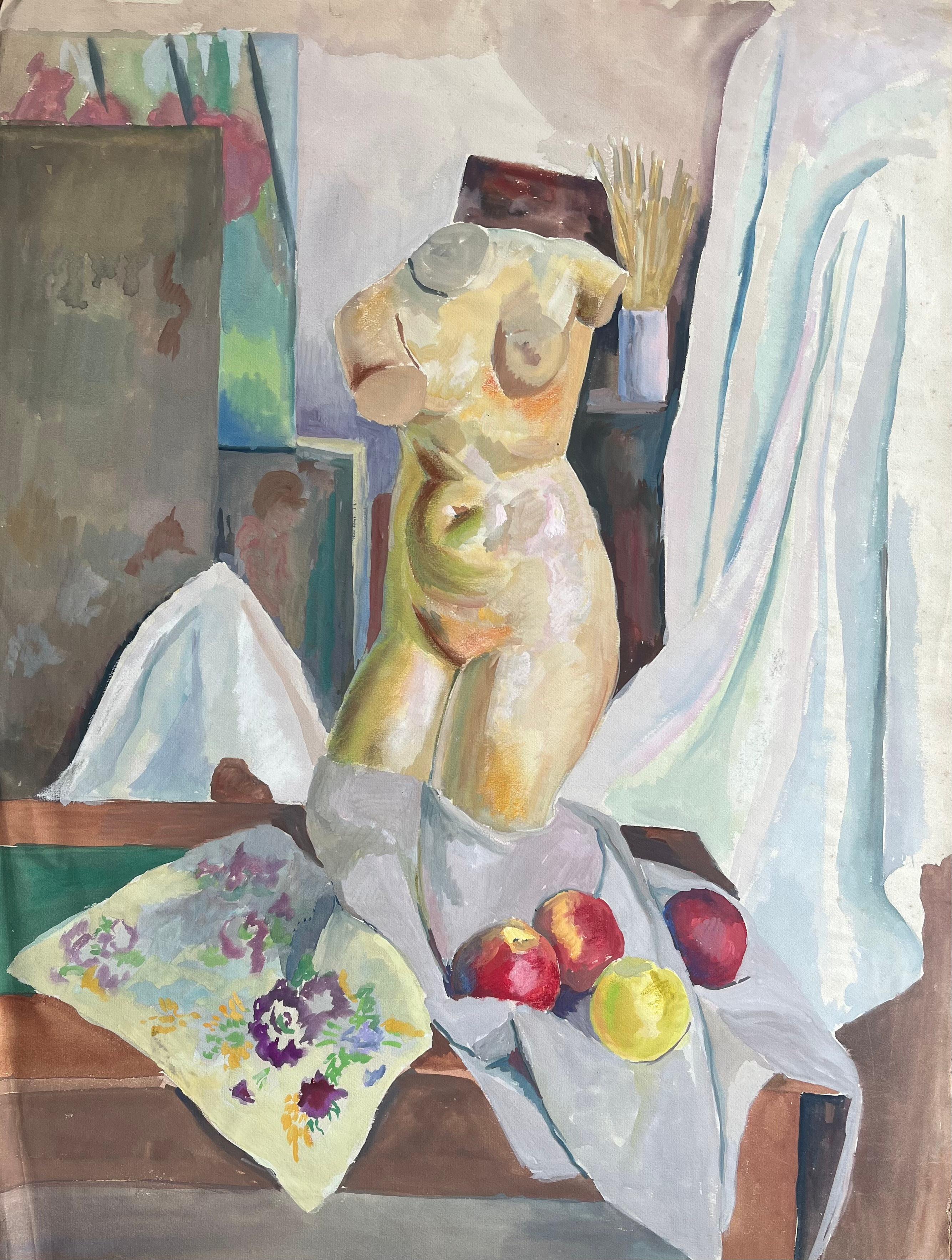 Natura morta post-impressionista della metà del XX secolo con mele e busto femminile
