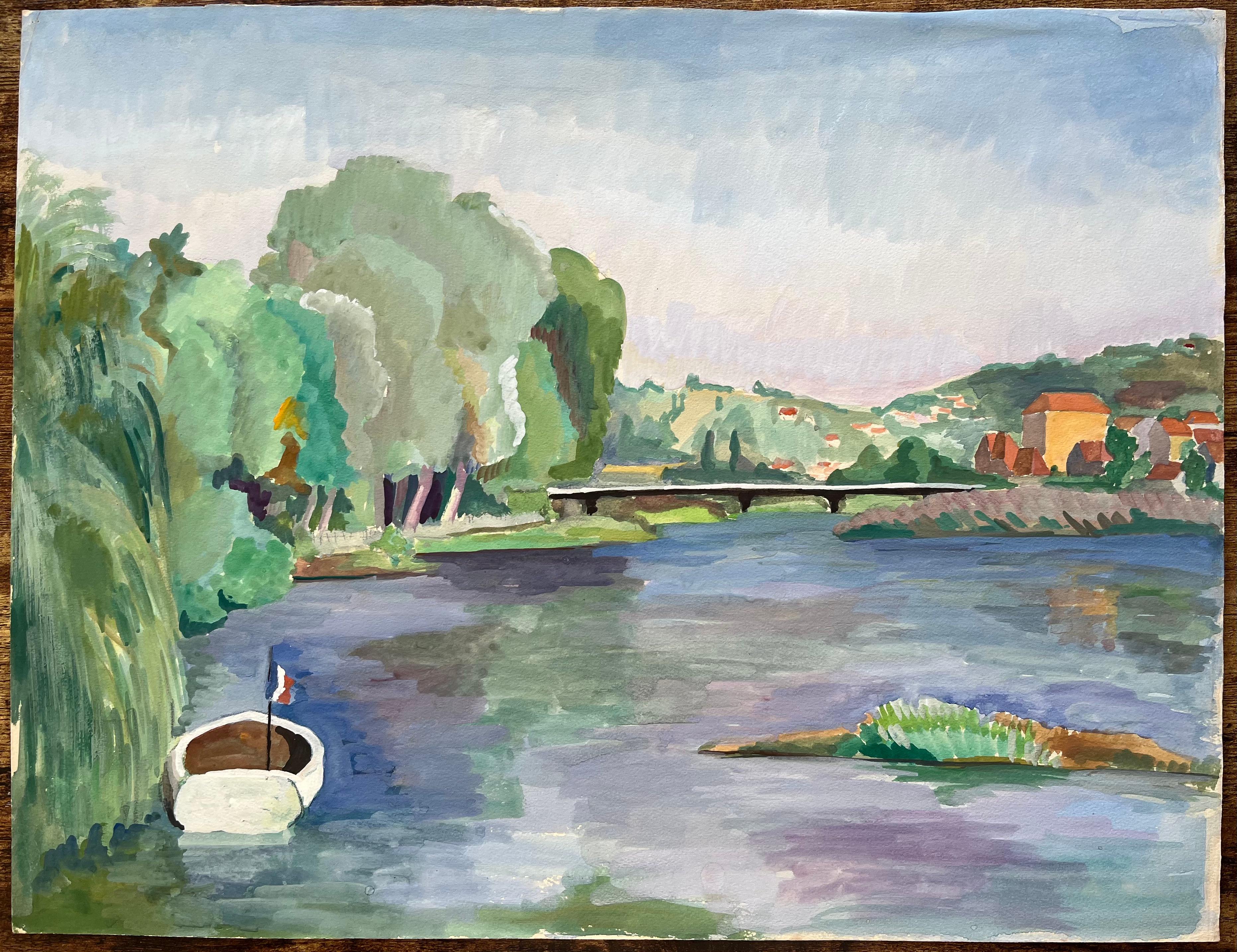 Acquerello post-impressionista della metà del XX secolo raffigurante una scena fluviale con barca - Painting di Anne Marie Migette Perard