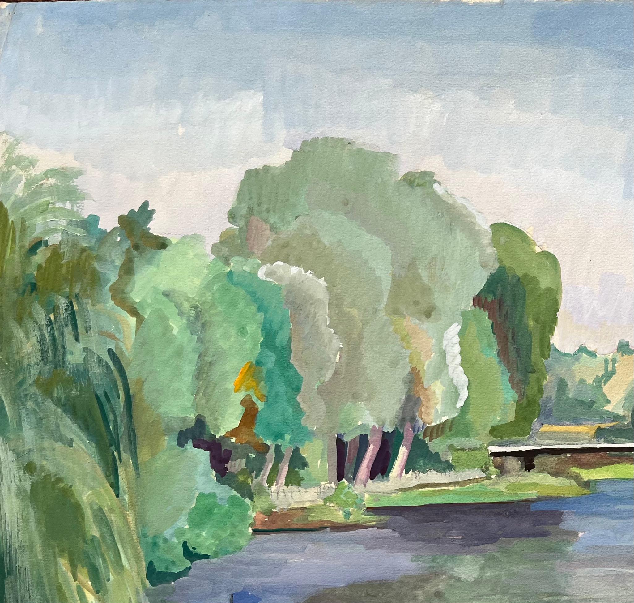 Acquerello post-impressionista della metà del XX secolo raffigurante una scena fluviale con barca - Painting Postimpressionismo di Anne Marie Migette Perard