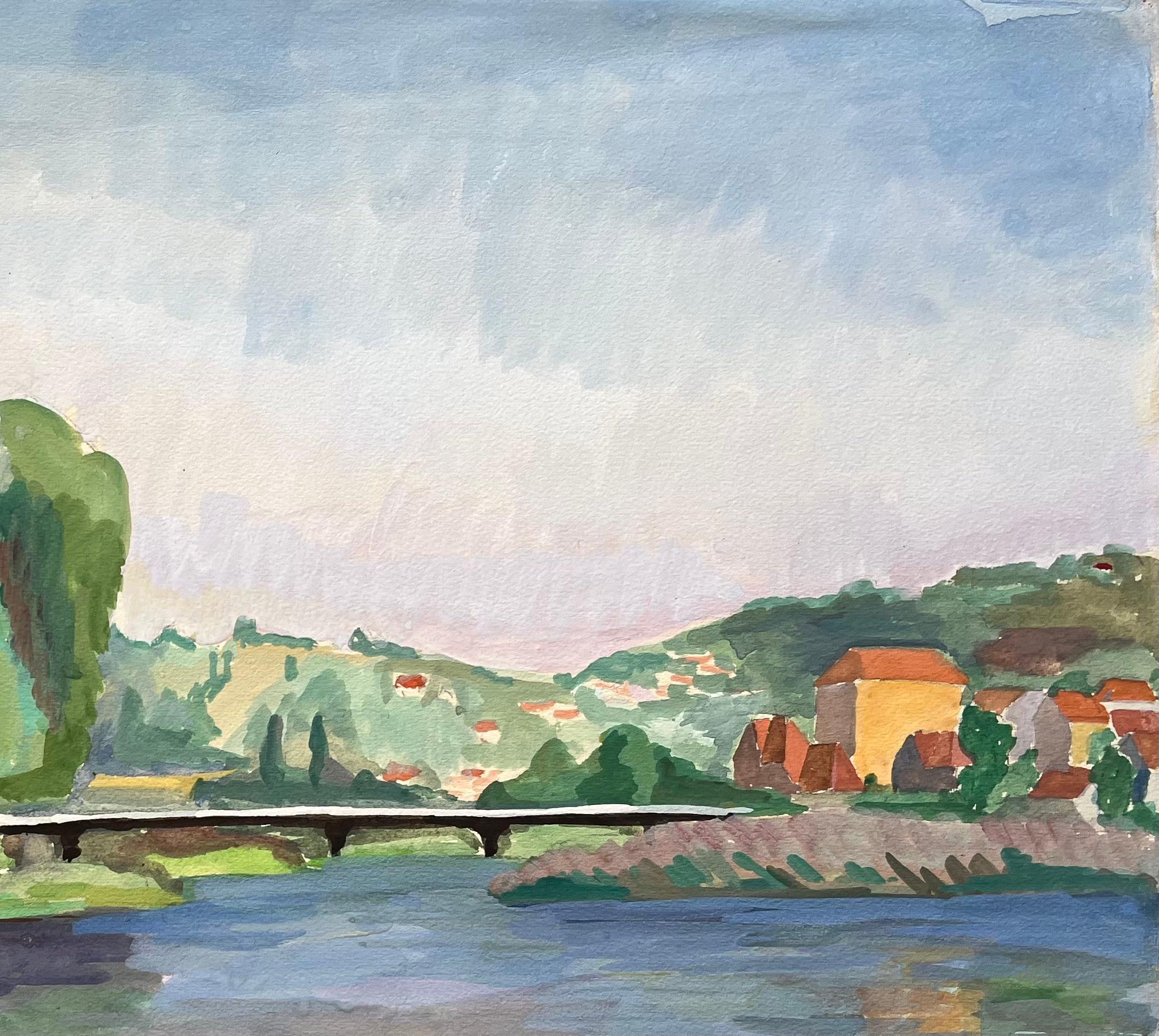 Acquerello post-impressionista della metà del XX secolo raffigurante una scena fluviale con barca - Figurative Painting Grigio di Anne Marie Migette Perard