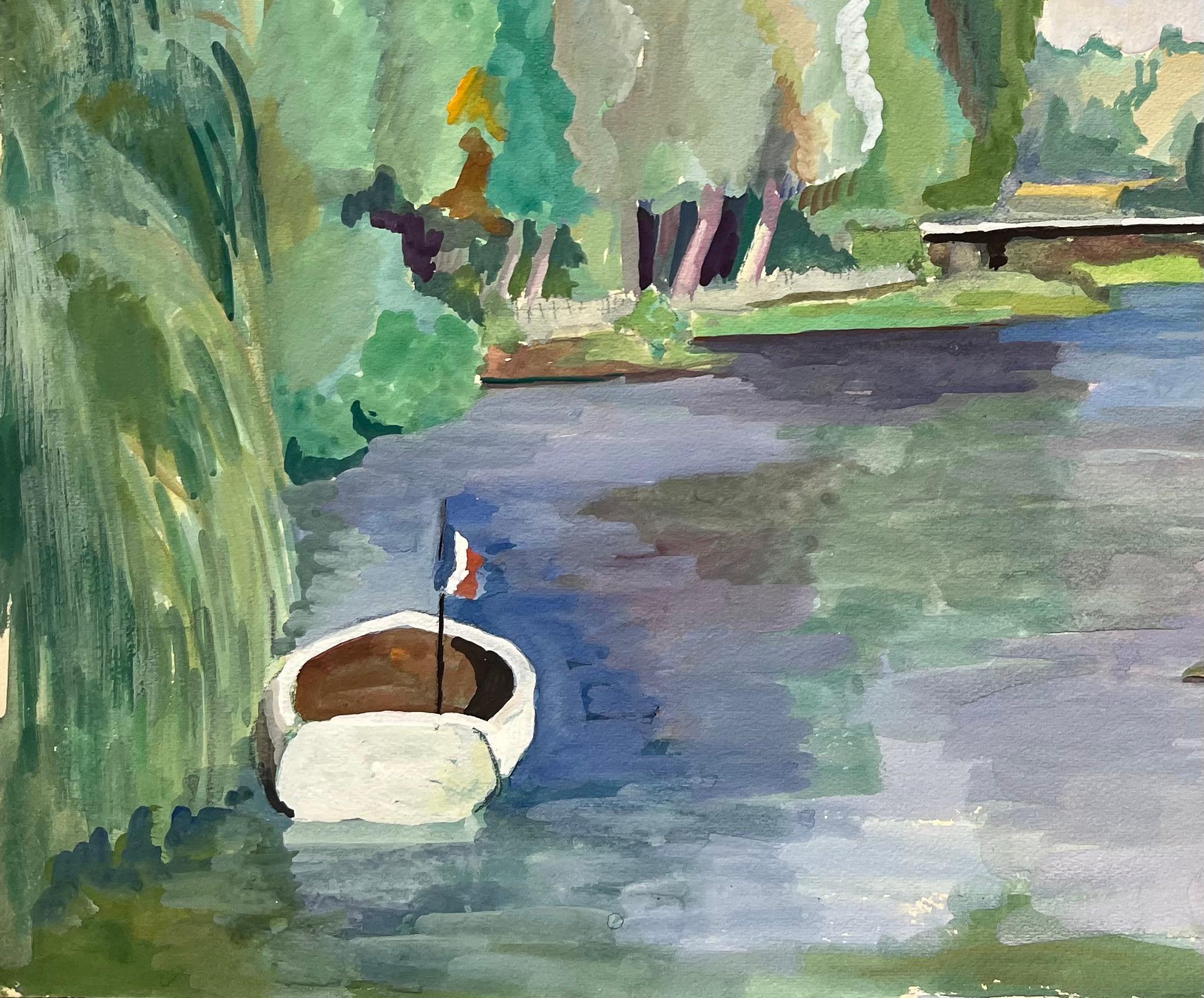 Titolo: Acquerello post-impressionista della metà del XX secolo raffigurante una scena fluviale con barca
di Anne Marie Migette Perard (francese, 1902-1977)
Medium: Acquerello su carta non incorniciata
Dimensioni: 12,75 pollici (altezza) x 16,75