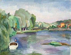 Postimpressionistisches Aquarell mit Flusssssszene mit Boot, Mitte des 20. Jahrhunderts