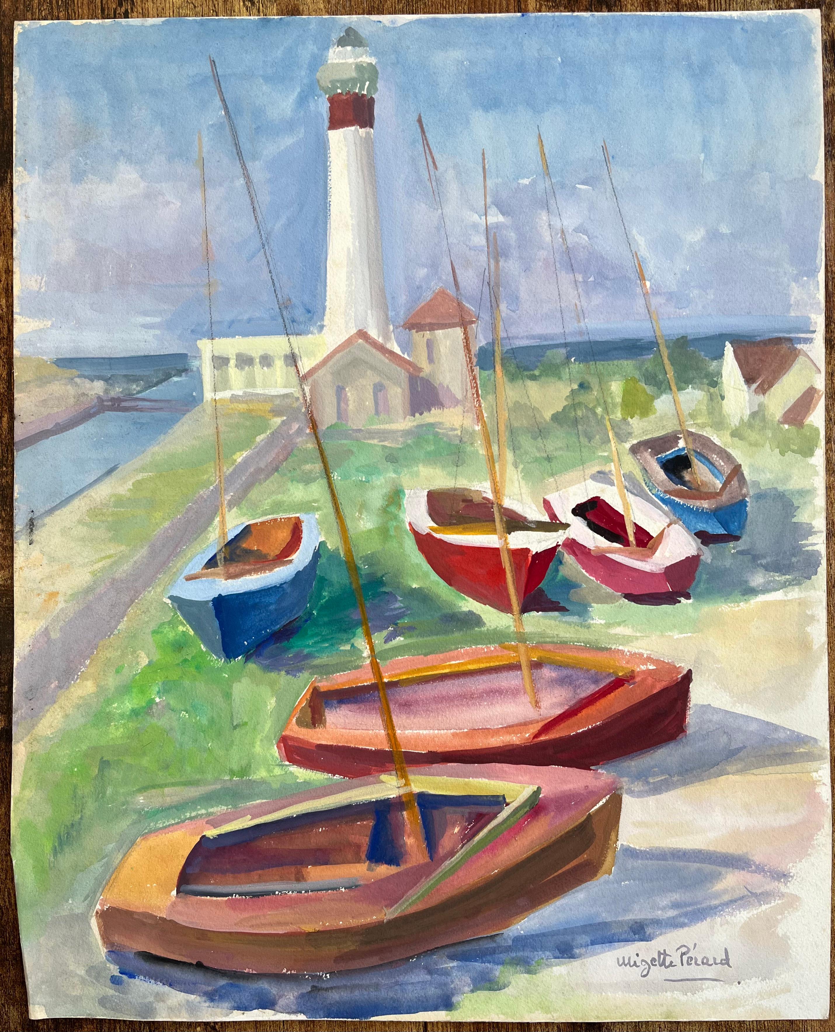 Acquerello post-impressionista della metà del XX secolo con barche e faro - Painting di Anne Marie Migette Perard