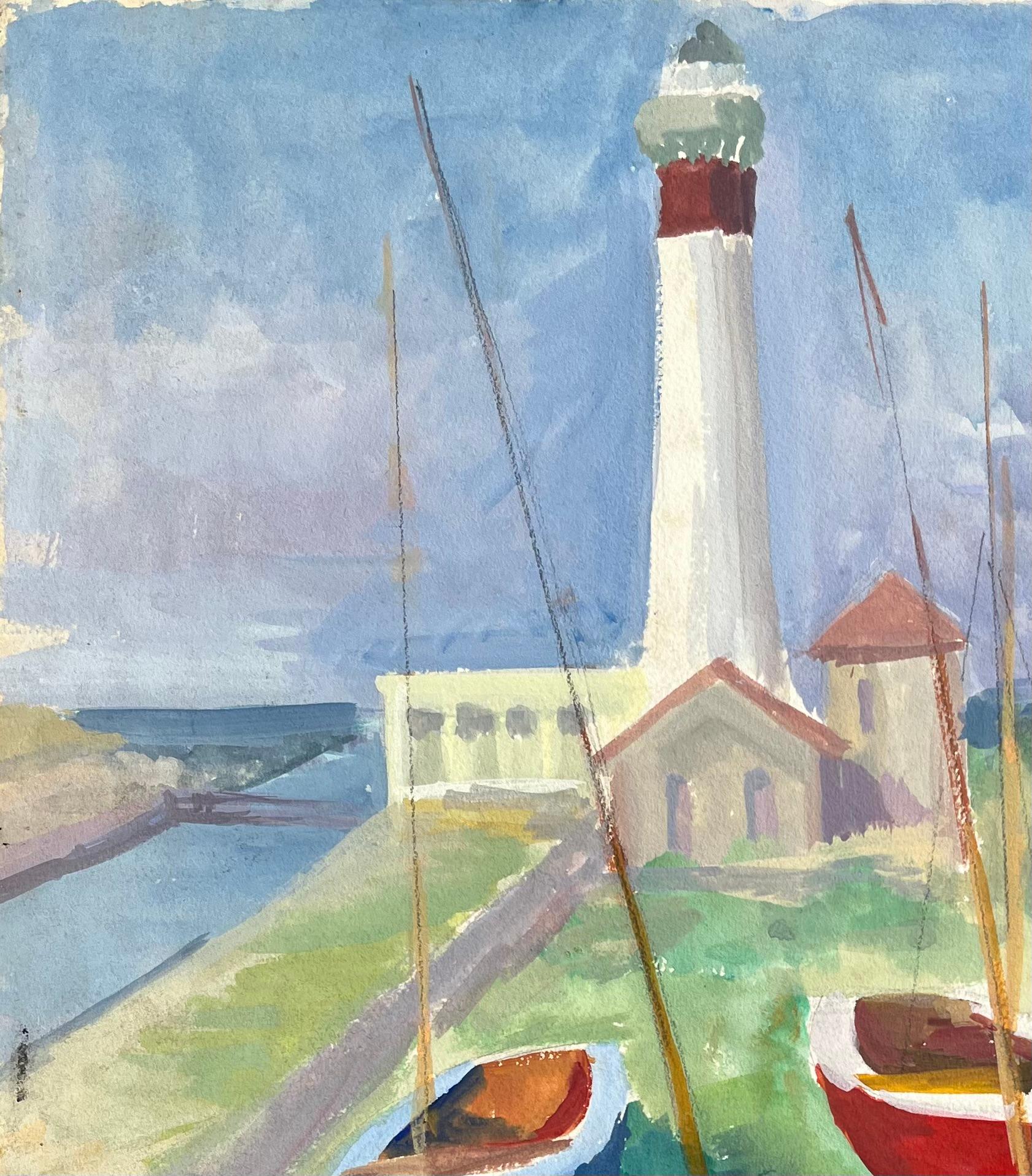 Acquerello post-impressionista della metà del XX secolo con barche e faro - Painting Postimpressionismo di Anne Marie Migette Perard