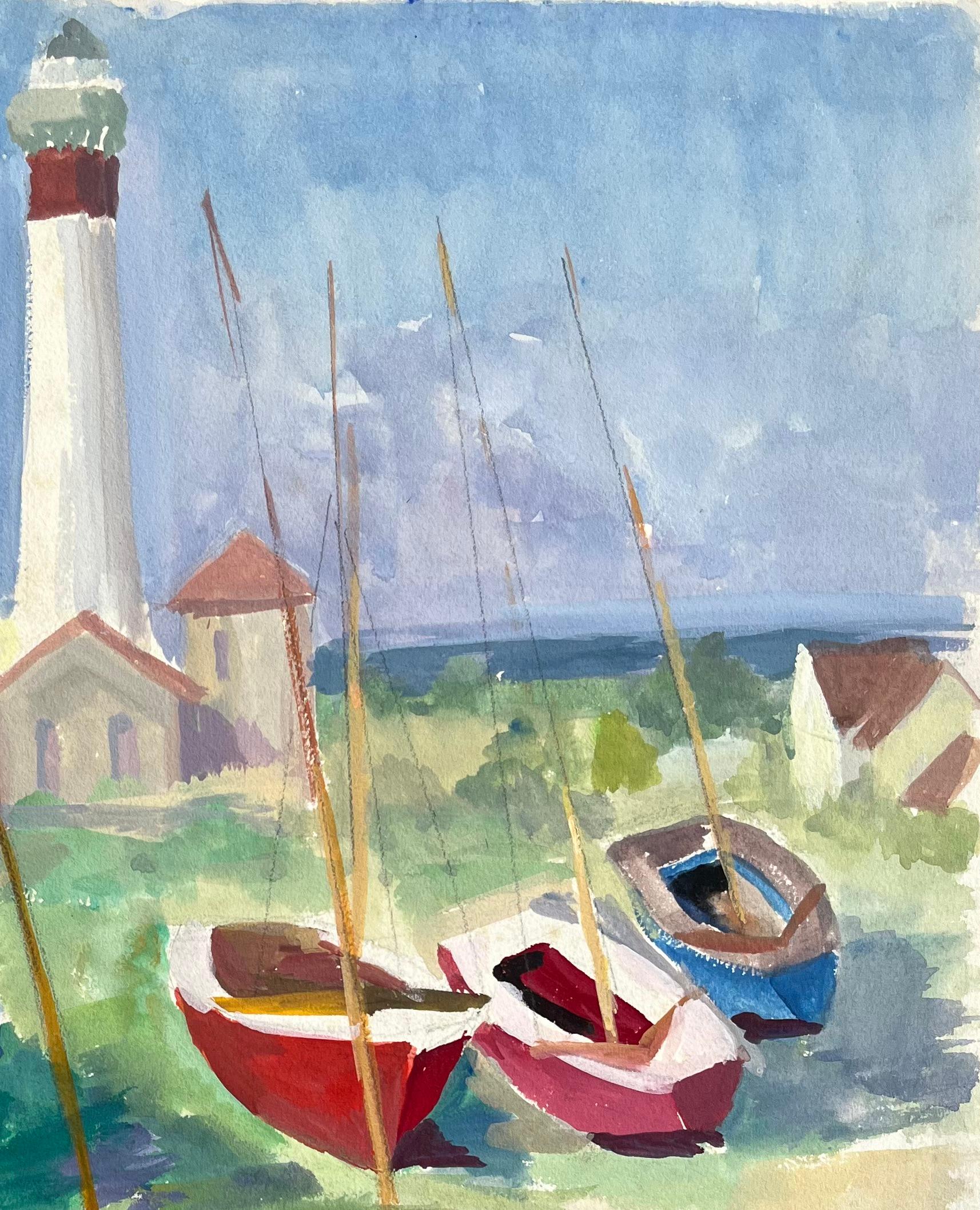 Acquerello post-impressionista della metà del XX secolo con barche e faro - Landscape Painting Grigio di Anne Marie Migette Perard