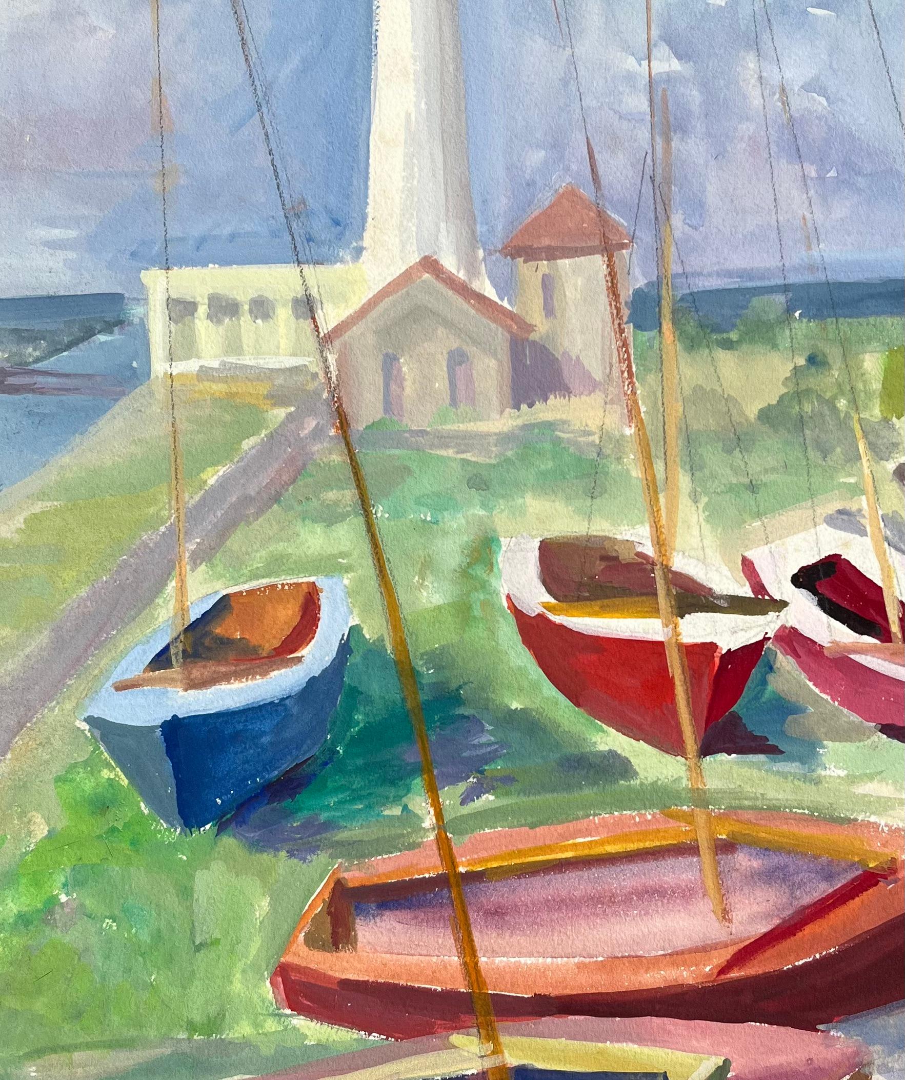Acquerello post-impressionista della metà del XX secolo con barche e faro in vendita 2