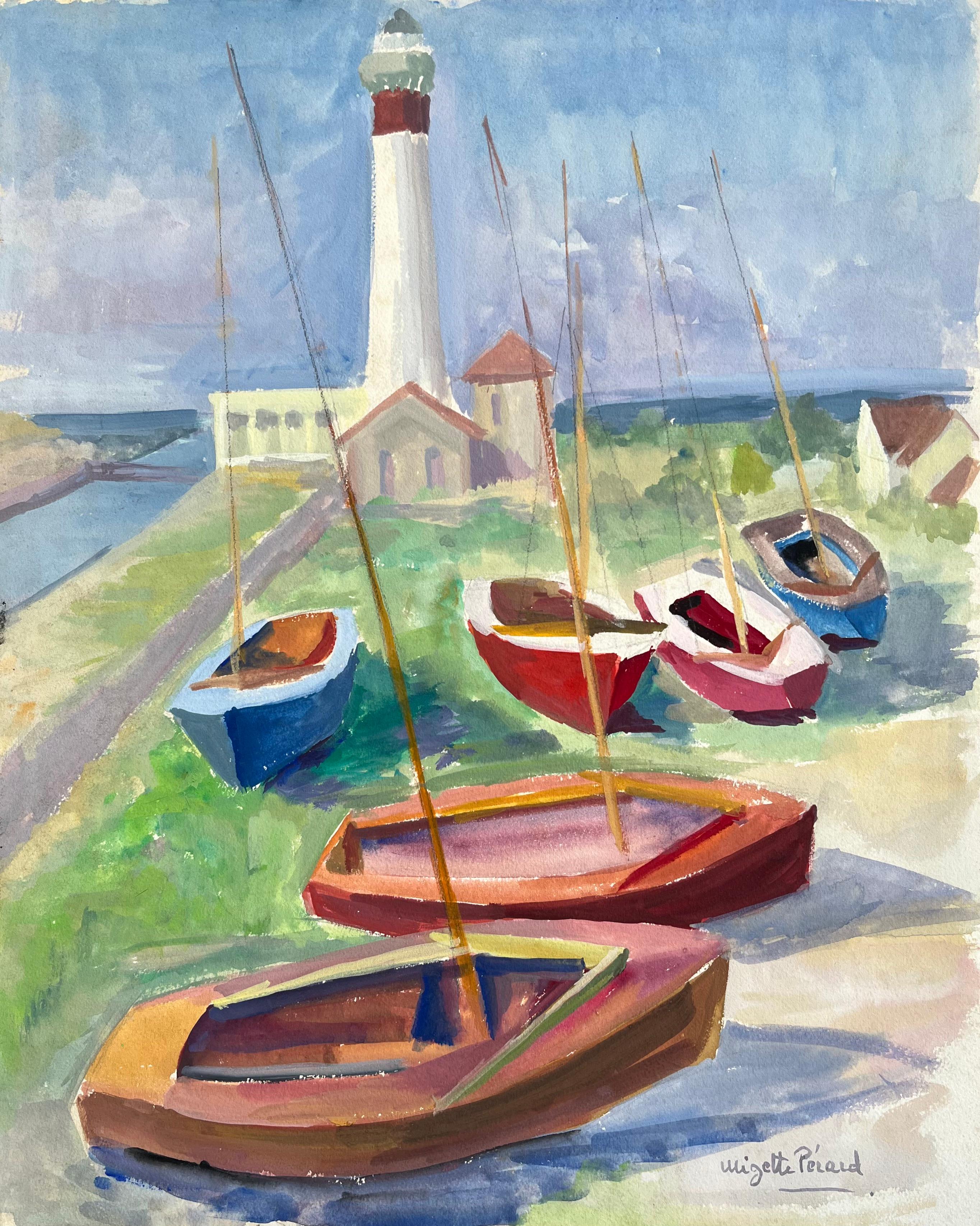 Landscape Painting di Anne Marie Migette Perard - Acquerello post-impressionista della metà del XX secolo con barche e faro