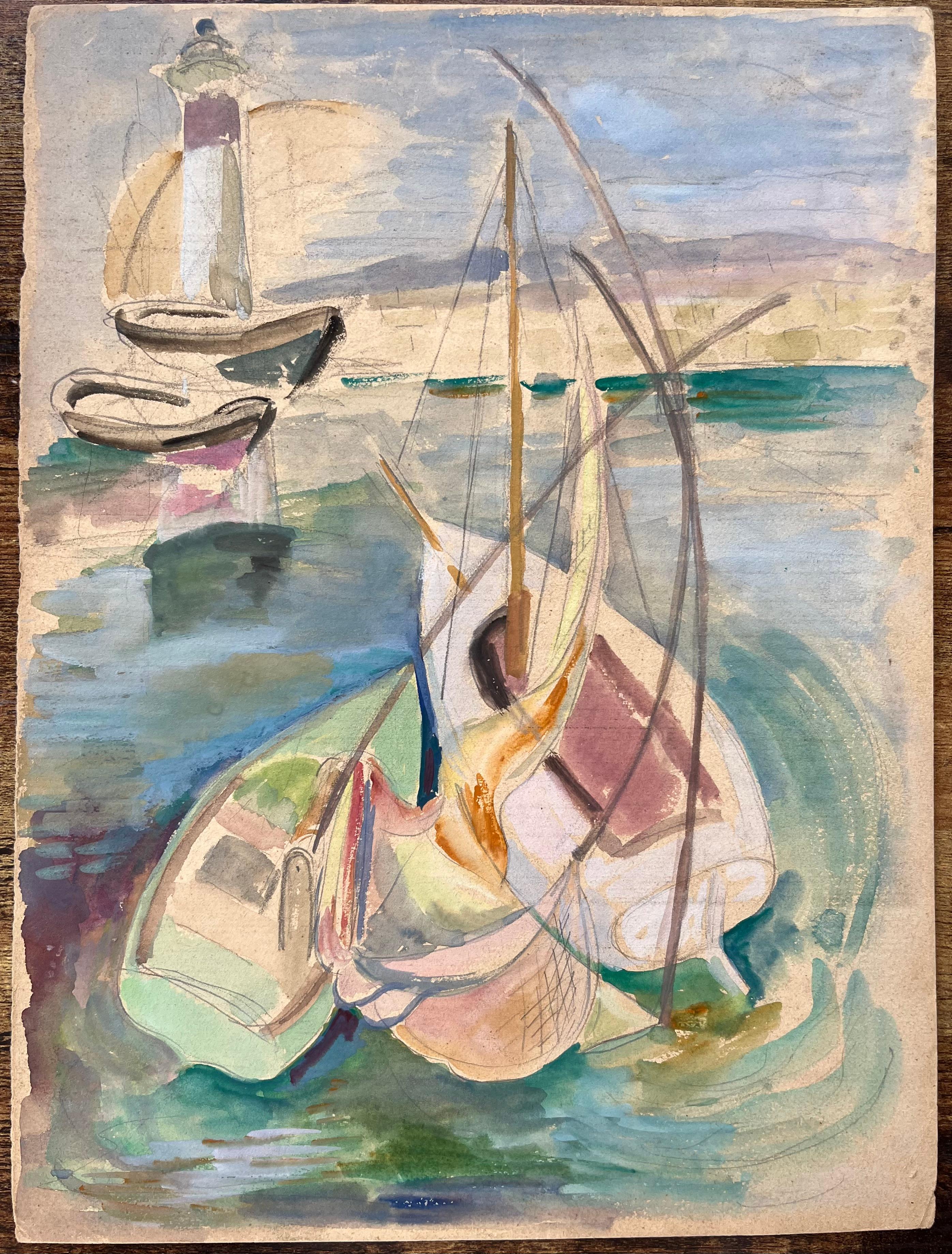Acuarela postimpresionista de mediados del siglo XX de barcos y escena de faro - Painting de Anne Marie Migette Perard