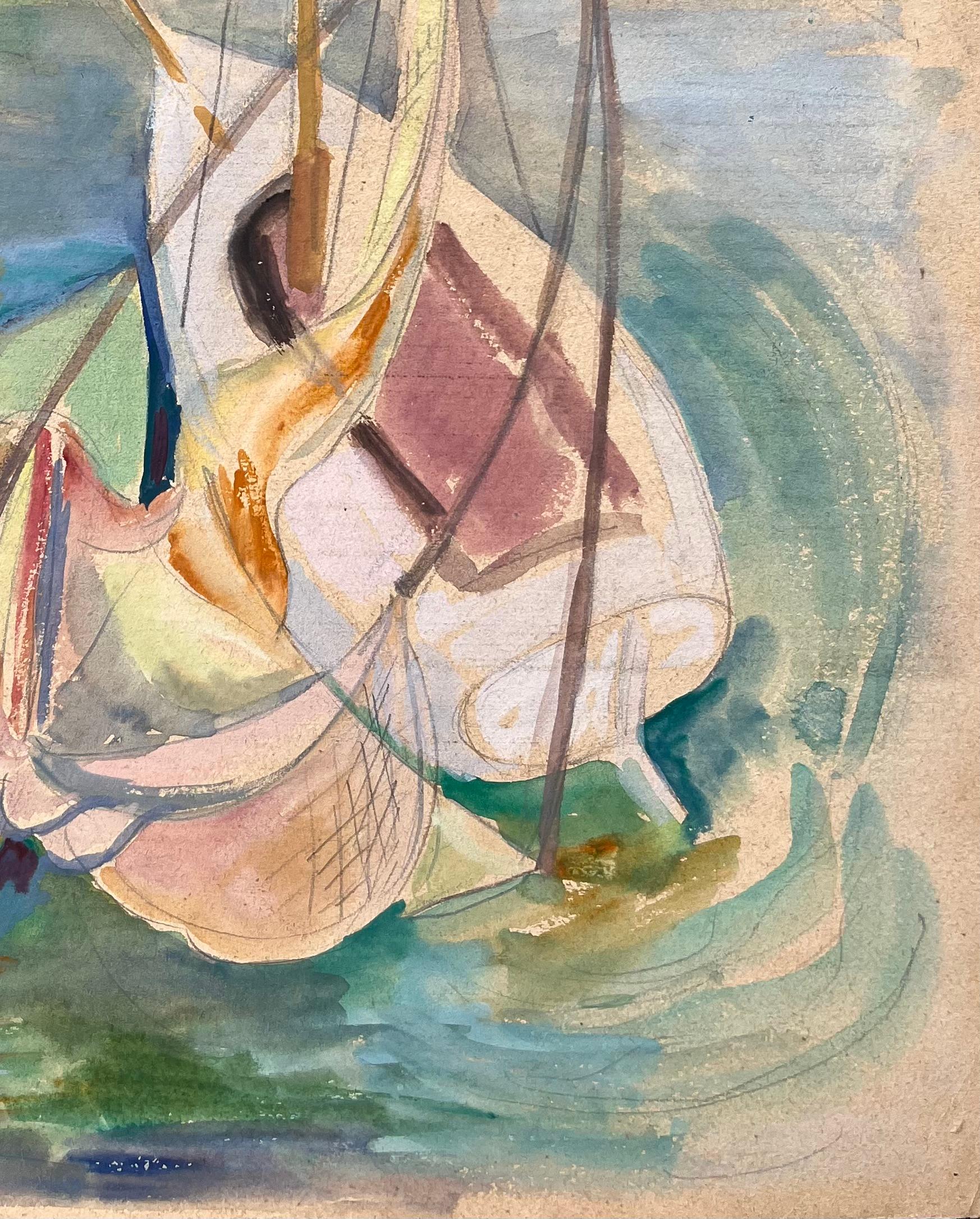 Acuarela postimpresionista de mediados del siglo XX de barcos y escena de faro - Painting Posimpresionista de Anne Marie Migette Perard