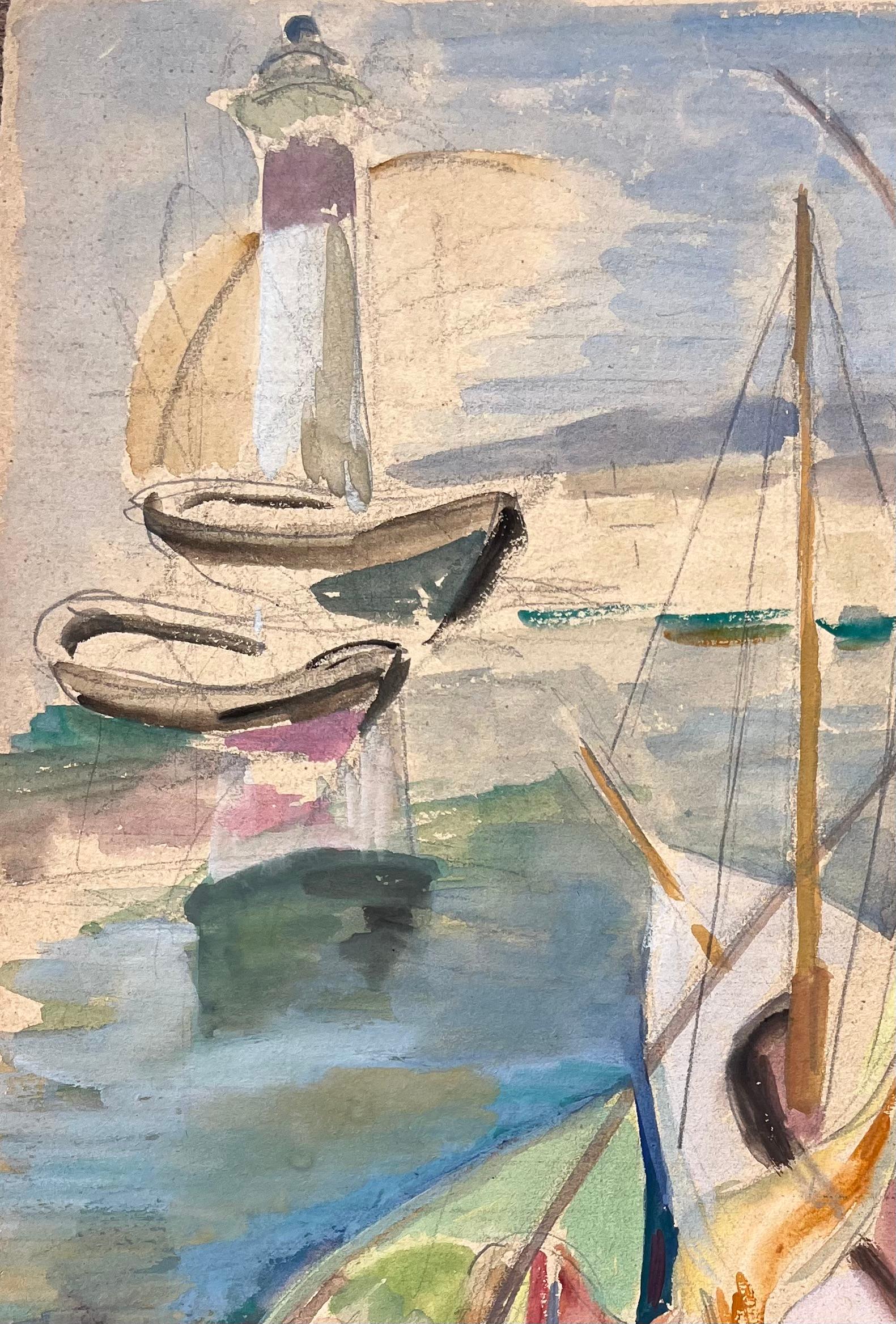 Título: Acuarela postimpresionista de mediados del siglo XX de barcos y escena de faro
de Anne Marie Migette Perard (francesa 1902-1977)
Técnica: Acuarela sobre papel sin enmarcar
Tamaño: 13,75 pulgadas (alto) x 10,25 pulgadas (ancho) 
Estado: Como