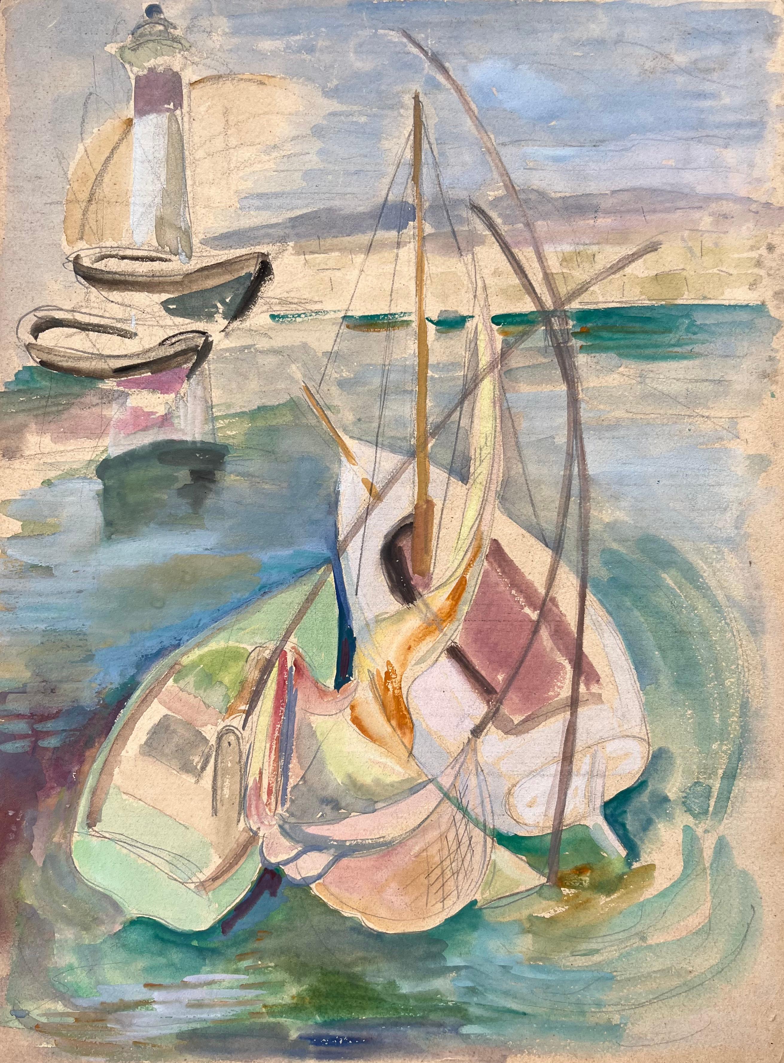Landscape Painting de Anne Marie Migette Perard - Acuarela postimpresionista de mediados del siglo XX de barcos y escena de faro